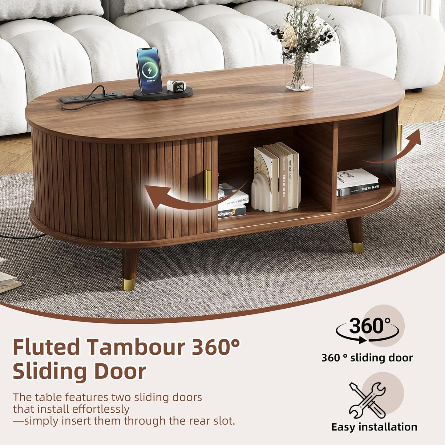 Mid-Century Fluted Oval Coffee Table with 360° Tambour Doors, Hidden Storage, Solid Wood Legs & 2 AC+2 USB Charging Station, Modern Coffee Table for Living Room, Apartment, Walnut