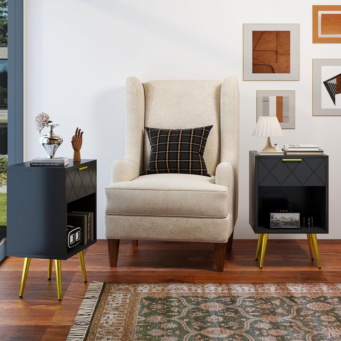 Black Nightstand, Bedside Table with Storage Drawer and Open Wood Shelf, Side Table with Gold Legs, Modern Style Night Stand End Table Drawer Dresser for Living Room Bedroom MLBZ19B