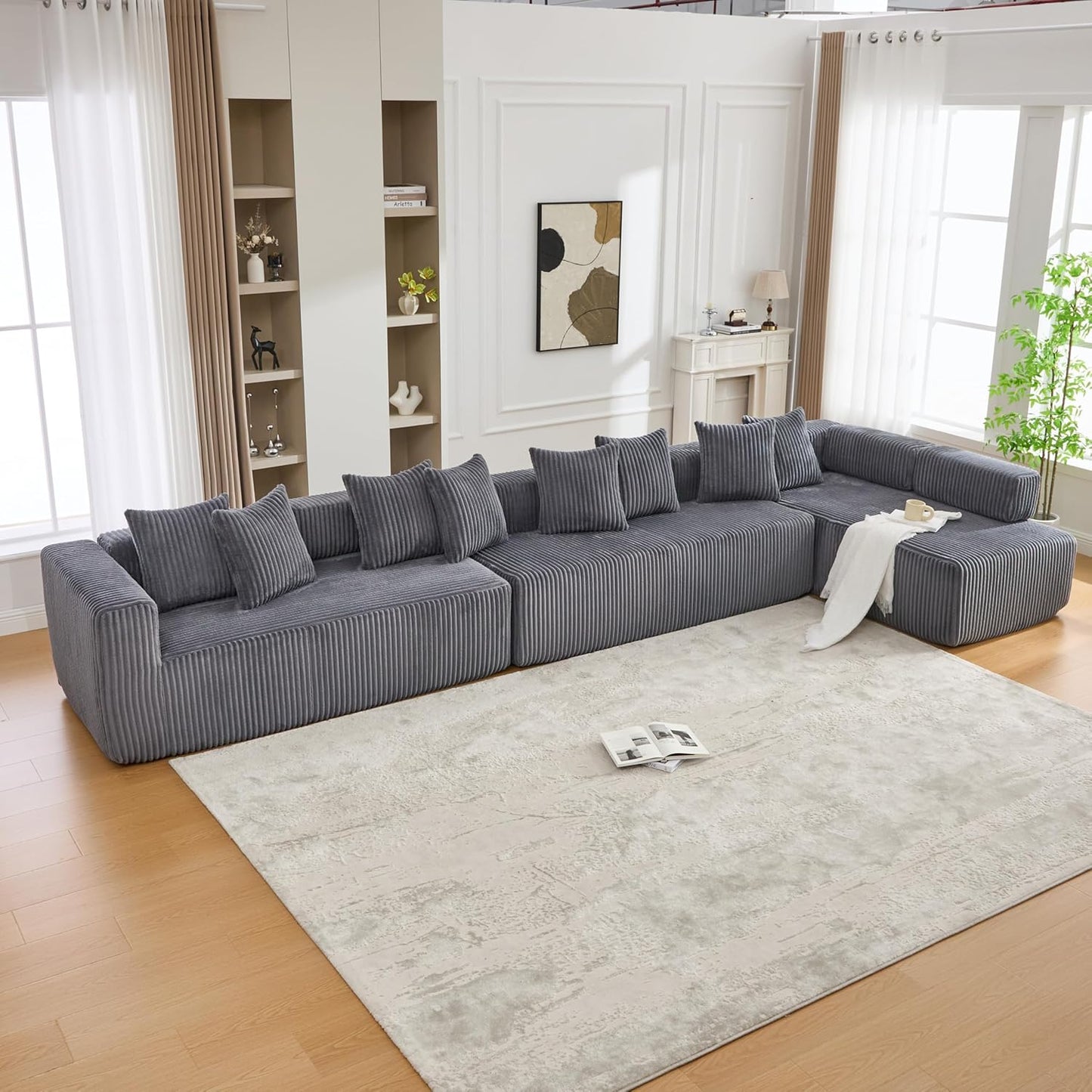 Eafurn DIY Combination Compression Modular Sectional Sofa with Double Chaise Lounge, 146" Oversized U Shaped Boneless Couch with Deep Seat Convertible Sleeper Sofabed w/Throw Pillows