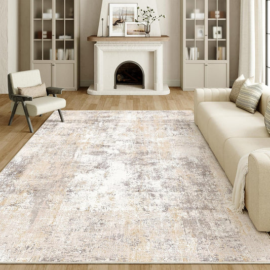 10x14 Washable Area Rug Beige Grey Neutral Abstract Living Room Bedroom Large Throw Rug Non Slip Soft Low Pile Indoor Floor Carpet for Dining Room Kitchen Office Entryway