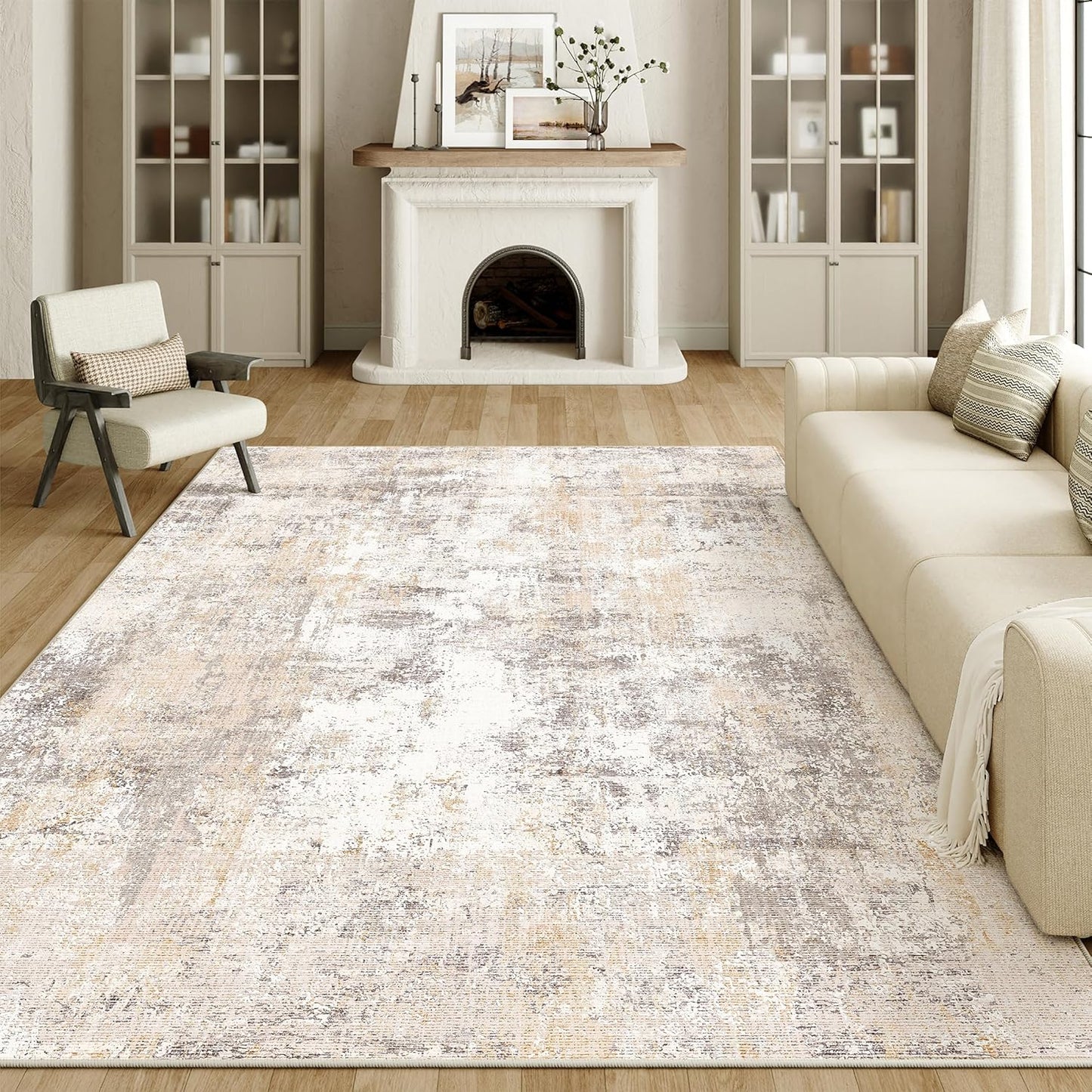 9x12 Washable Area Rug Beige Grey Neutral Abstract Living Room Bedroom Large Throw Rug Non Slip Soft Low Pile Indoor Floor Carpet for Dining Room Kitchen Office Entryway