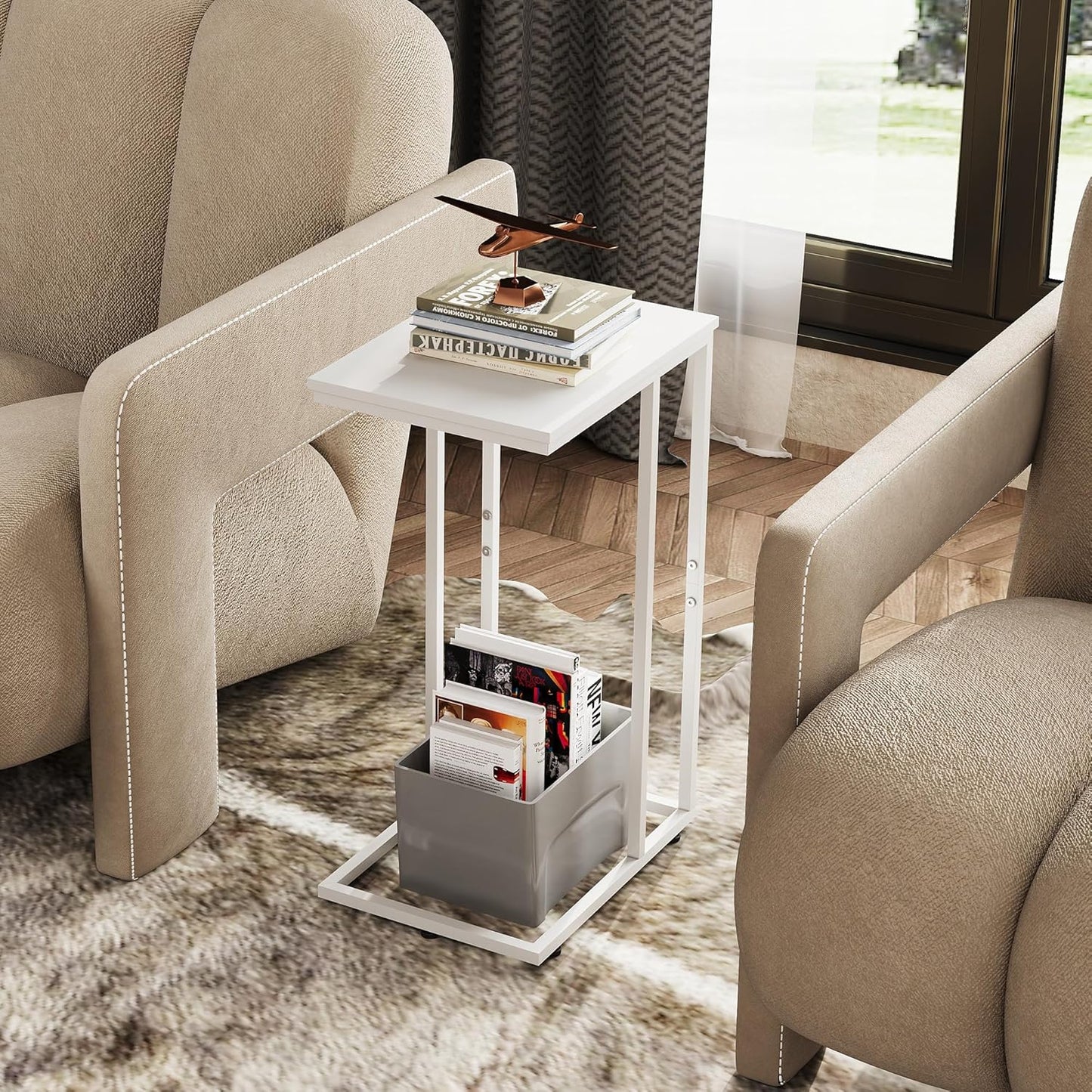 WLIVE Side Table, C Shaped End Table for Couch, Sofa and Bed, Large Desktop C Table for Living Room, Bedroom, Creamy White