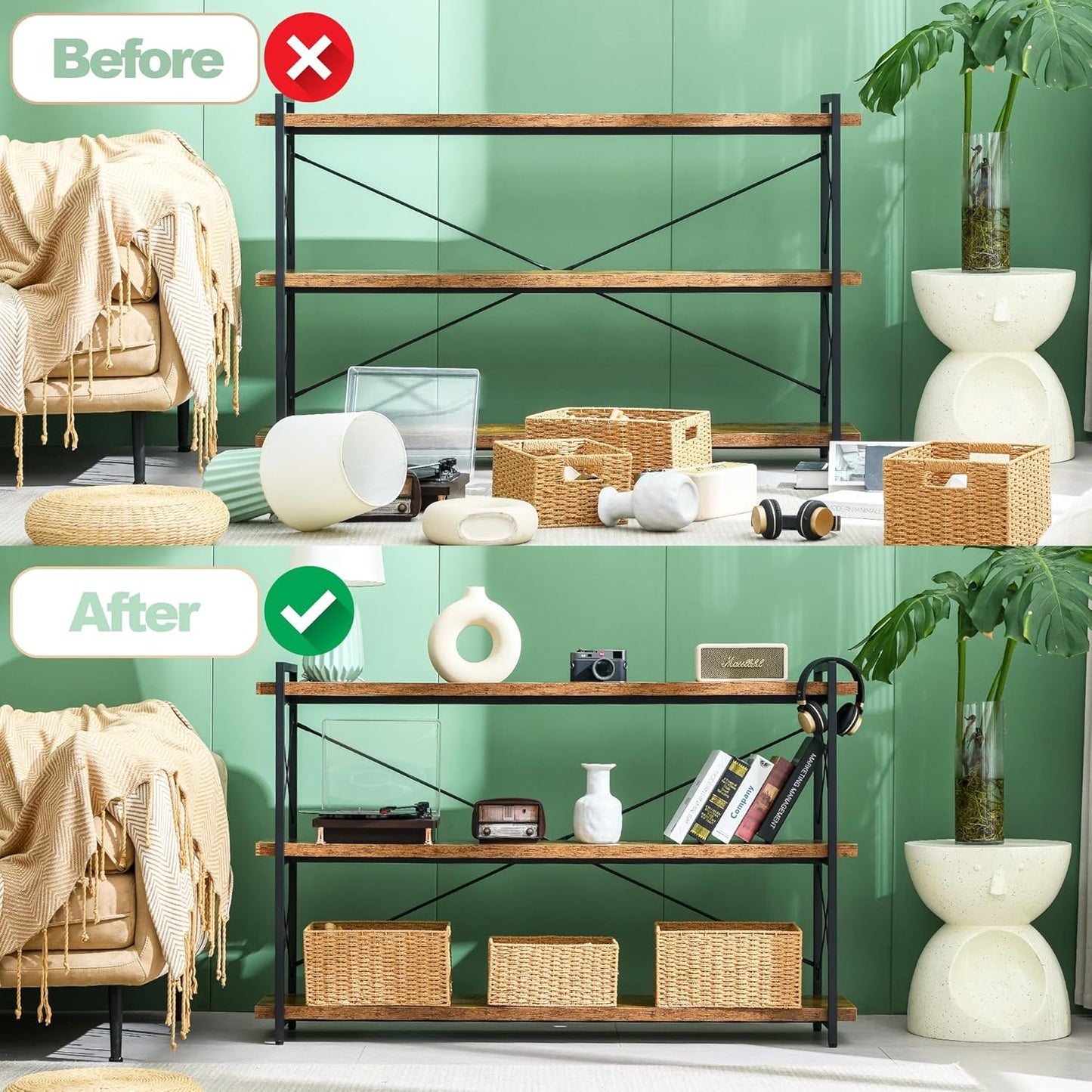 HCHQHS Bookshelf, 3-Tier Long Industrial Bookcase, Rustic Open Book Shelf, Freestanding Horizontal Bookshelves with Metal Frame