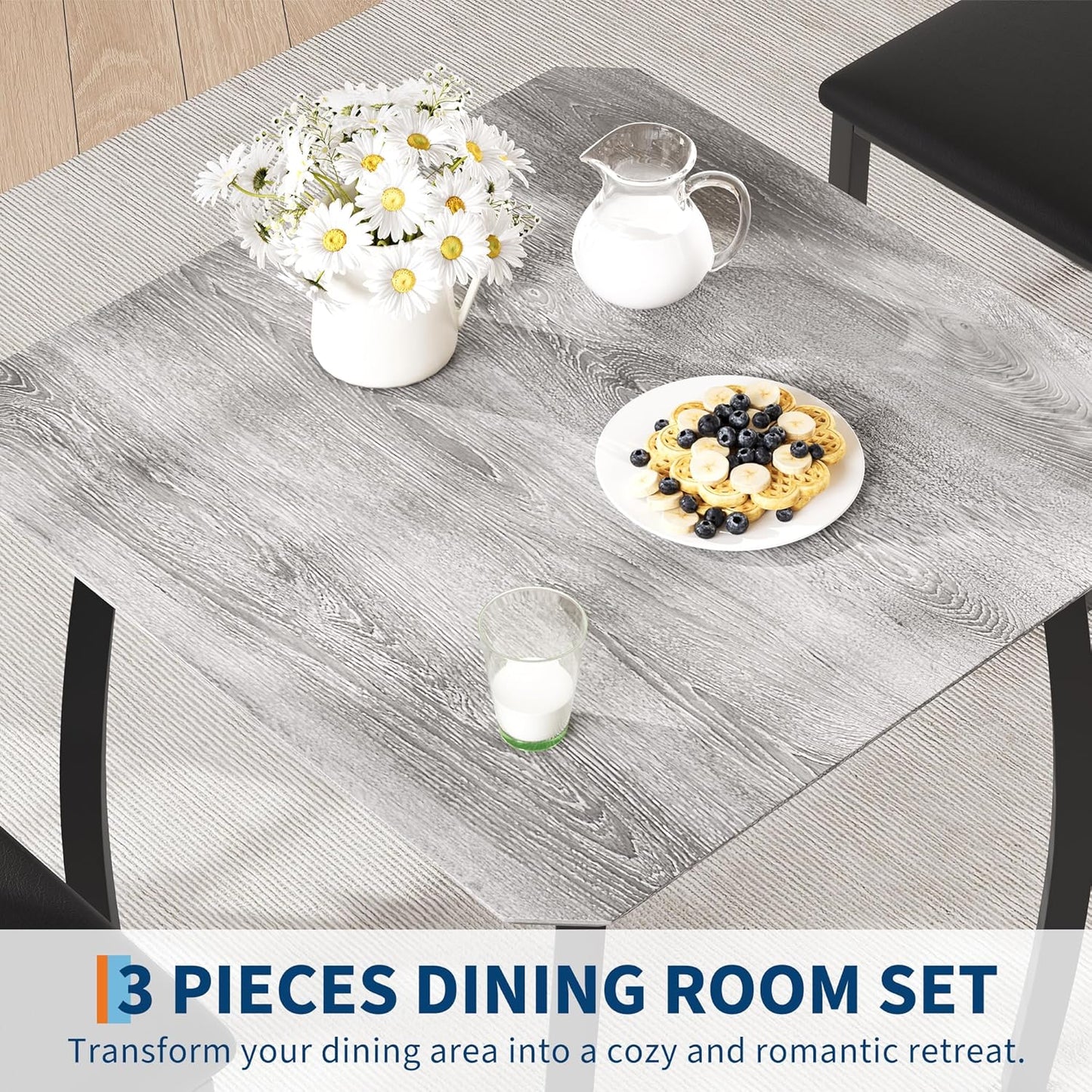 GAOMON Dining Table Set for 2, 3 Piece Small Kitchen Table and 2 Upholstered Chairs with Metal Frame & Wood Grain Tabletop for Small Space, Apartment, Kitchen, Dining Room, Black/Grey