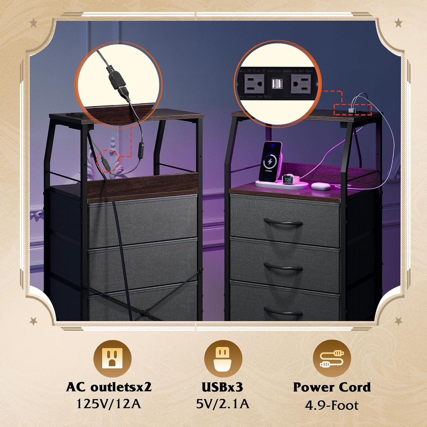 WLIVE Nightstand with Charging Station, Night Stand with LED Light, Tall 4 Drawer Dresser for Bedroom, 37" H Bedside Table with Fabric Storage Bins, Open Wood Shelf, Metal Frame, Dark Grey