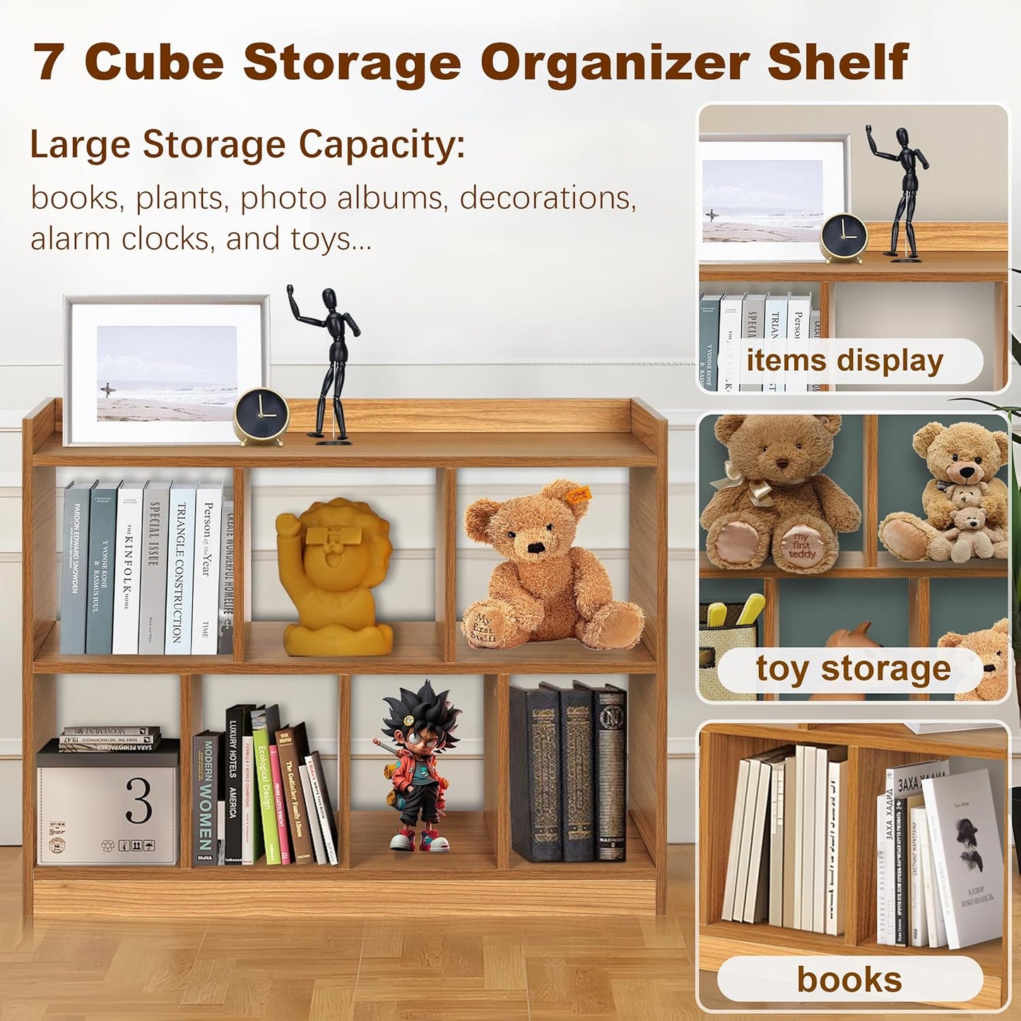 DOUSY- 7 Cube Bookshelf, Open Wooden Bookcase with Base, 2 Tier Cube Shelf Storage Organizer Shelf Display Rack Freestanding Horizontal Bookshelves for Bedroom, Living Room, Home Office