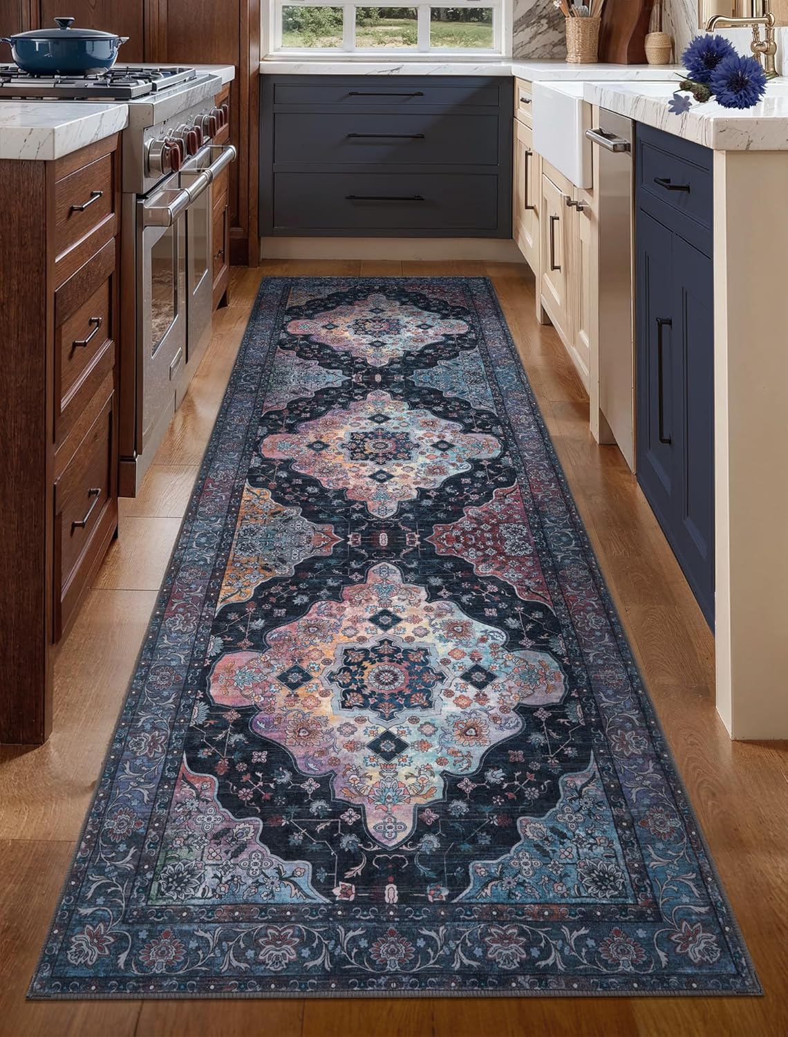 Tangsoo 2.6x8 Washable Runner Rug for Hallways, Non Slip Vintage Runner, Soft Low Pile Long Rug Runner, Print Distressed Navy Carpet Runners for Kitchen Bedroom Entryway Bathroom Living Room