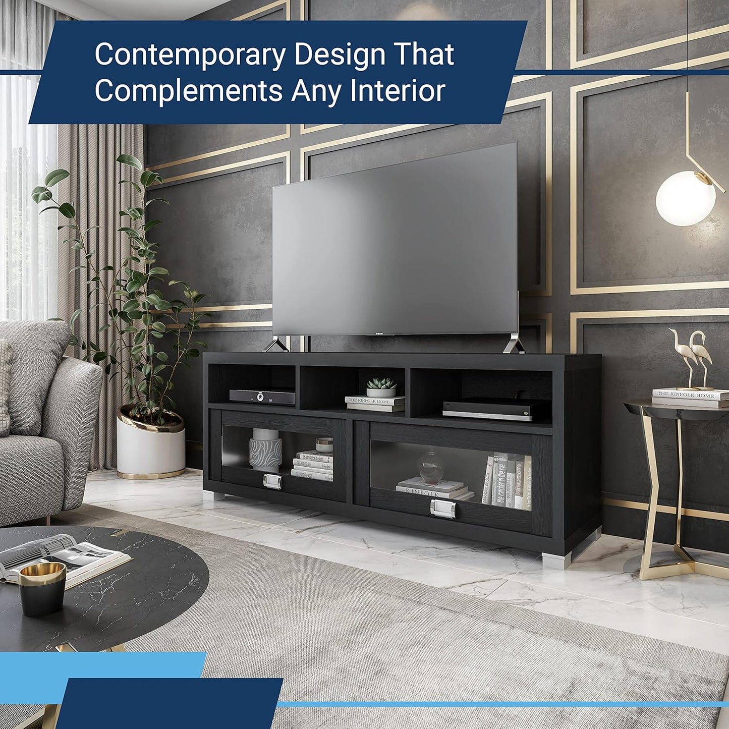 Techni Mobili TV Stand for 55+ Inch TV - Durbin Entertainment Center for 65 Inch TV - Living Room & Media Furniture with Glass Storage Cabinet Drawers, Shelves, & Cable Management Opening - Black