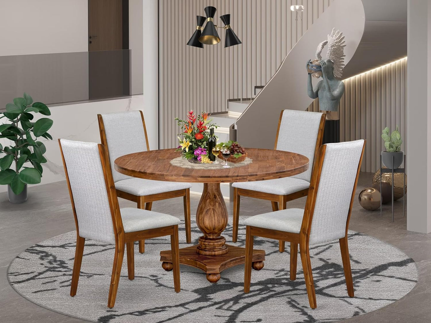 I2LA5-50N-05 - 5-Piece Mid Century Dining Set Includes A Table and 4 Grey Polyester Fabric Mid Century Dining Chairs with High Back, Antique Walnut