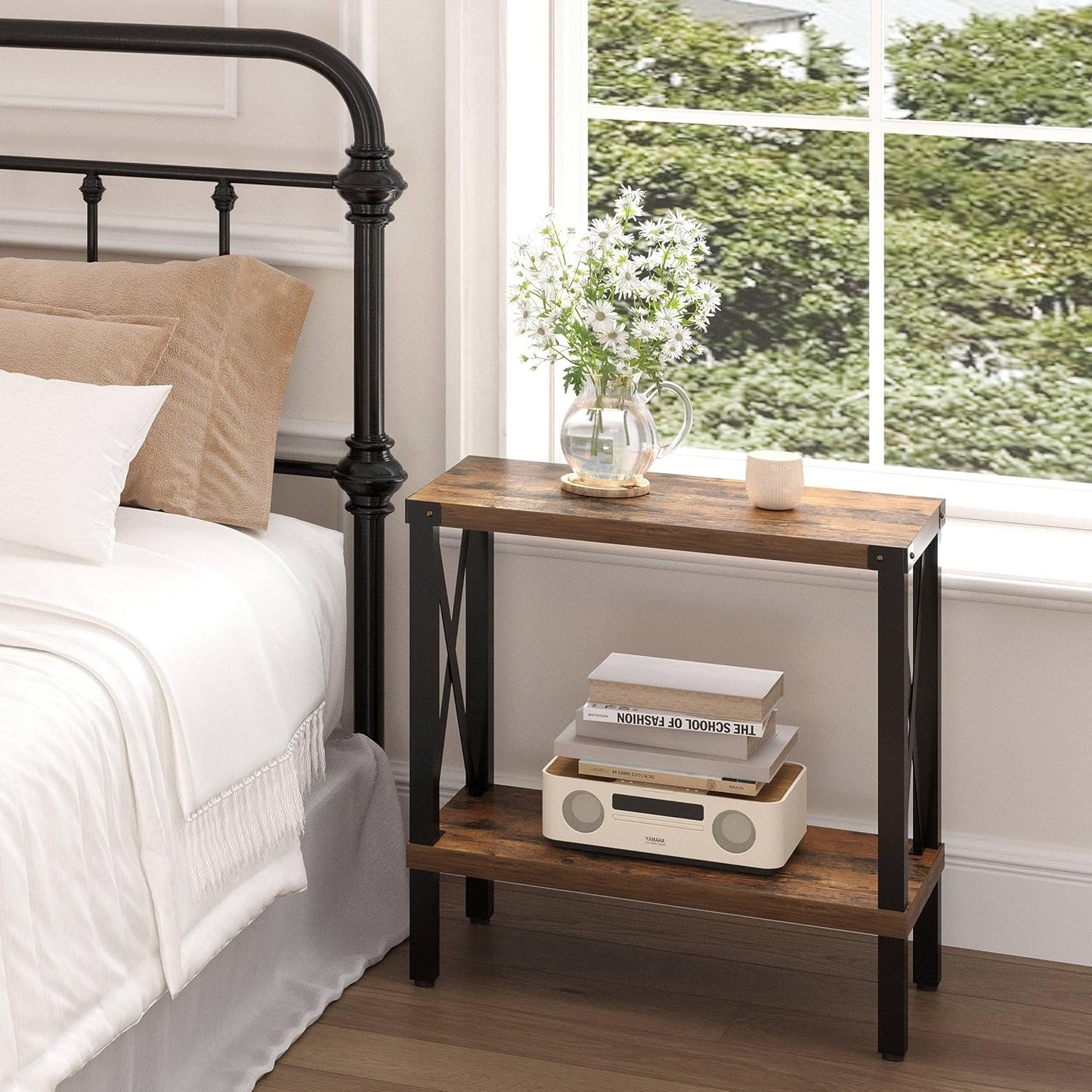 Narrow End Table, Large Sofa Side Table, Farmhouse Nightstand with Storage Shelve, Slim Bedside Table for Living, Room Bedroom, Lounge Rustic Brown MLBZ17R