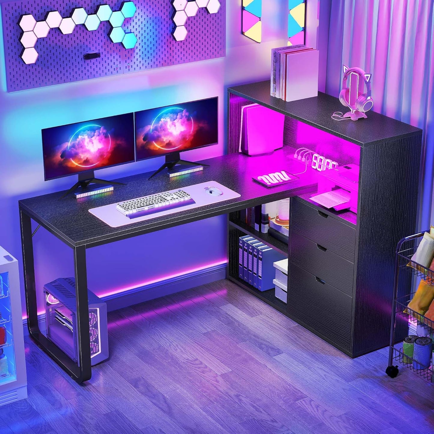 DWVO L Shaped Desk with Drawers, 55" Corner Computer Desk with Bookshelf & Power Outlets & LED Lights, Home Office Desk with Storage Shelves, Black