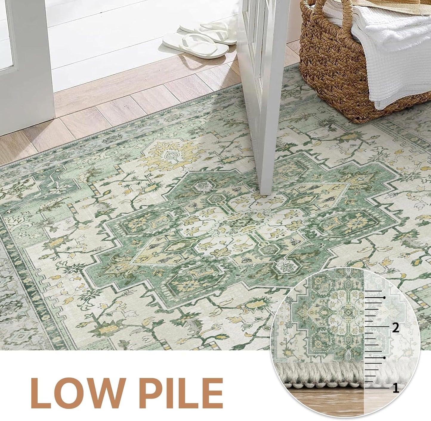 GENIMO 3x5 Area Rugs for Living Room, Machine Washable Non Slip Vintage Rugs, Low Pile Lightweight Chenille Print Rug for Bedroom, Dining Room, Home Office, Green