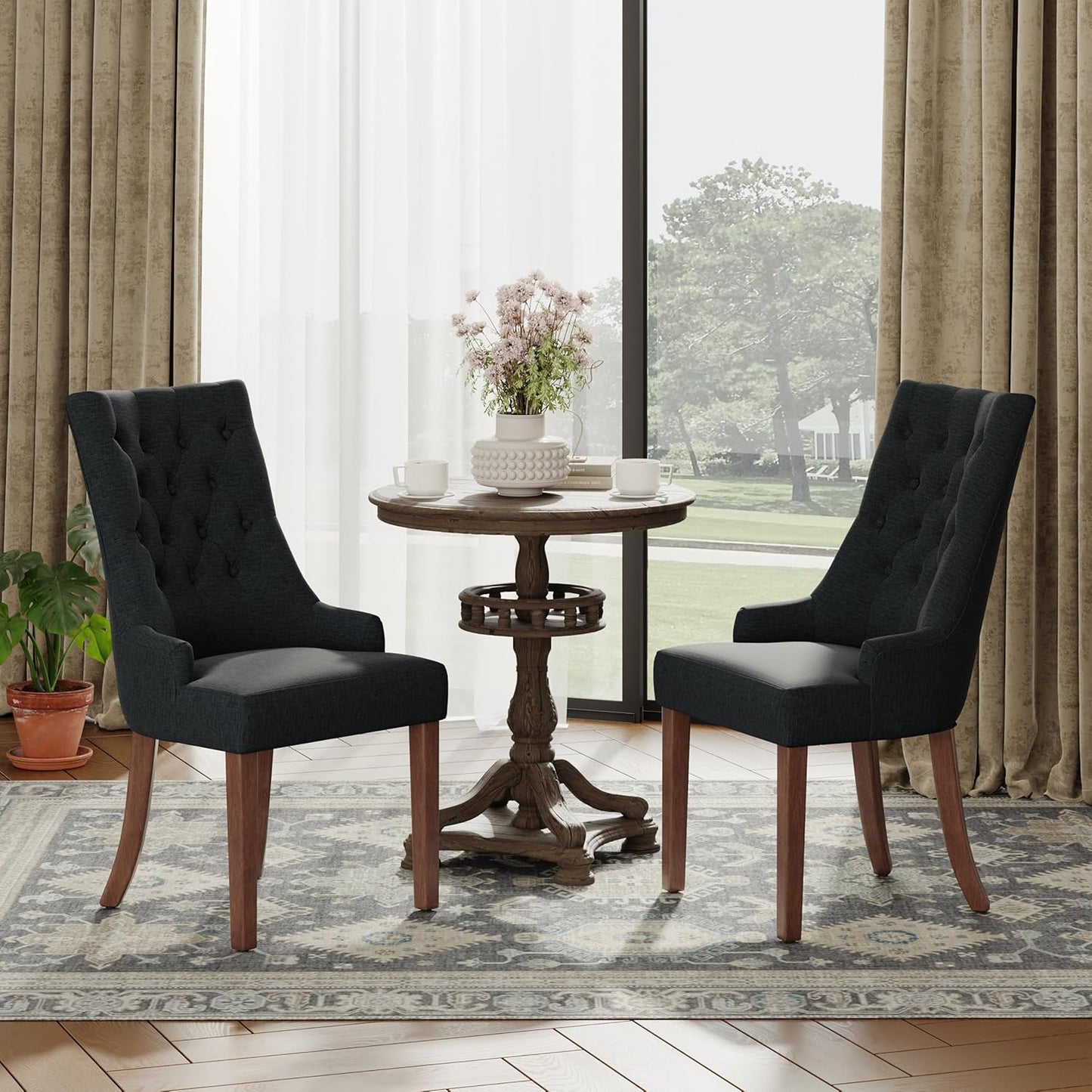 COLAMY Wingback Upholstered Dining Chairs Set of 2, Fabric Side Dining Room Chairs with Tufted Button, Living Room Chairs for Home Kitchen, Black