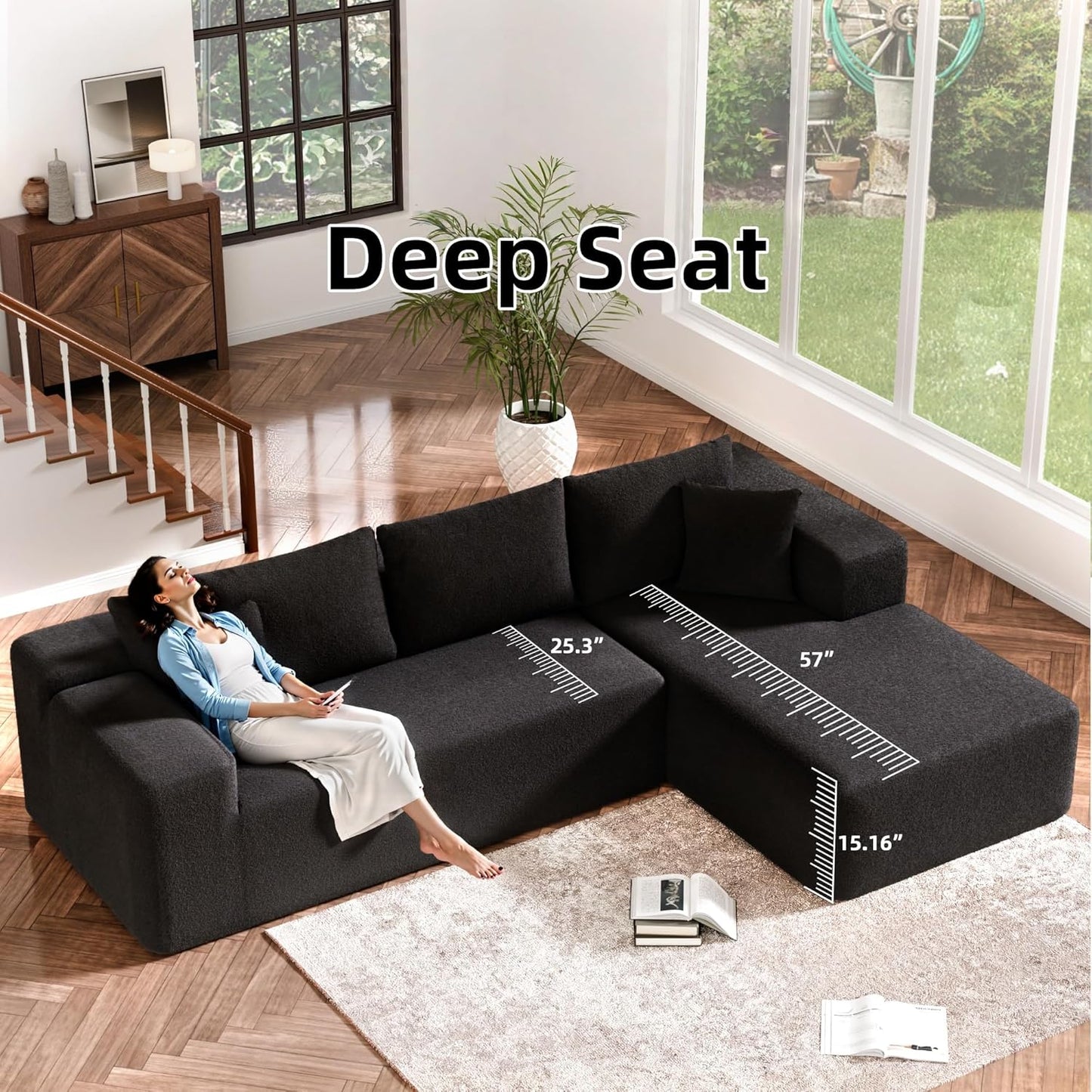 Cloud Sectional Couch, 104”L-Shape Oversized Sofa with Left Chaise Lounge, Modular Sleeper Couch with Pillows & Deep Seat, Rain Drop Velvet Fabric Compressed Sofa for Living Room, Black