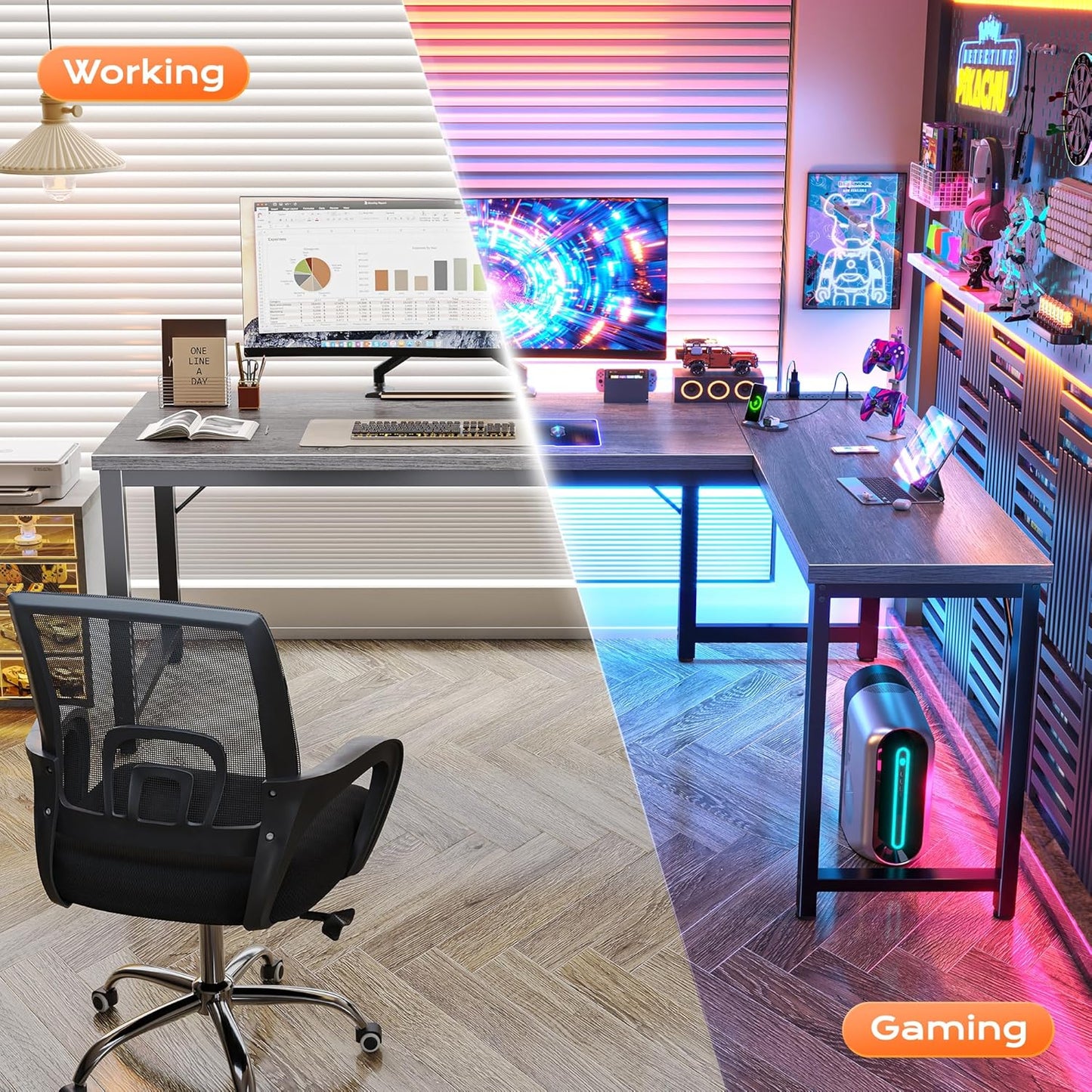 Huuger 63 Inch L Shaped Desk with Power Outlets and USB-C Port, Reversible Computer Desk, Larger Office Corner Gaming Desk, 0.95 Inch Thicker Desktop, Metal Frame, for Home Office, Study, Grey