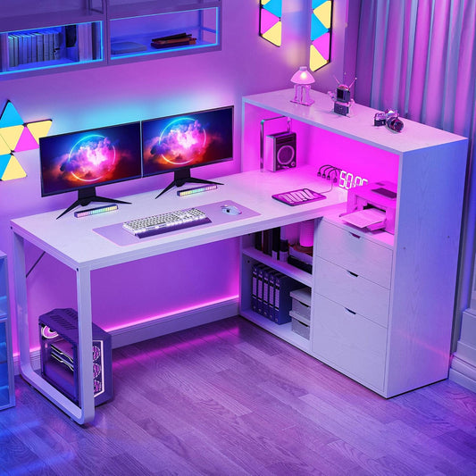 DWVO L Shaped Desk with Drawers, 55" Corner Computer Desk with Bookshelf & Power Outlets & LED Lights, Home Office Desk with Storage Shelves, White