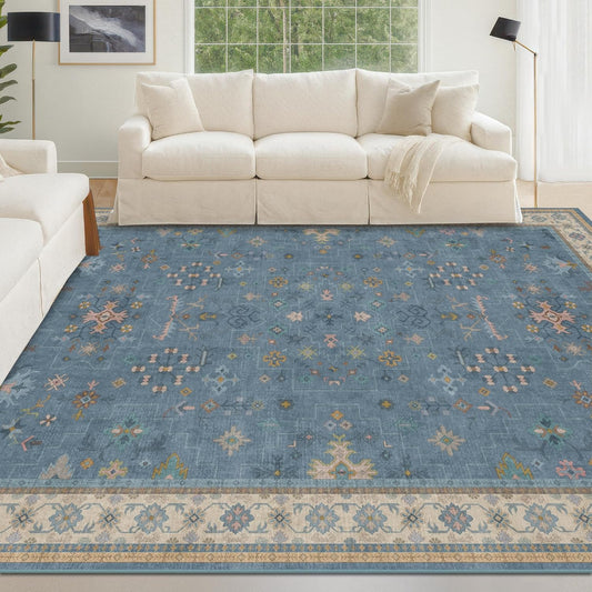 5x8 Rug for Living Room, Boho Eclectic Area Rugs Blue Modern Low-Pile Carpet for Bedroom, Dining Table, Nursery, Washable Non-Slip with Rubber Back