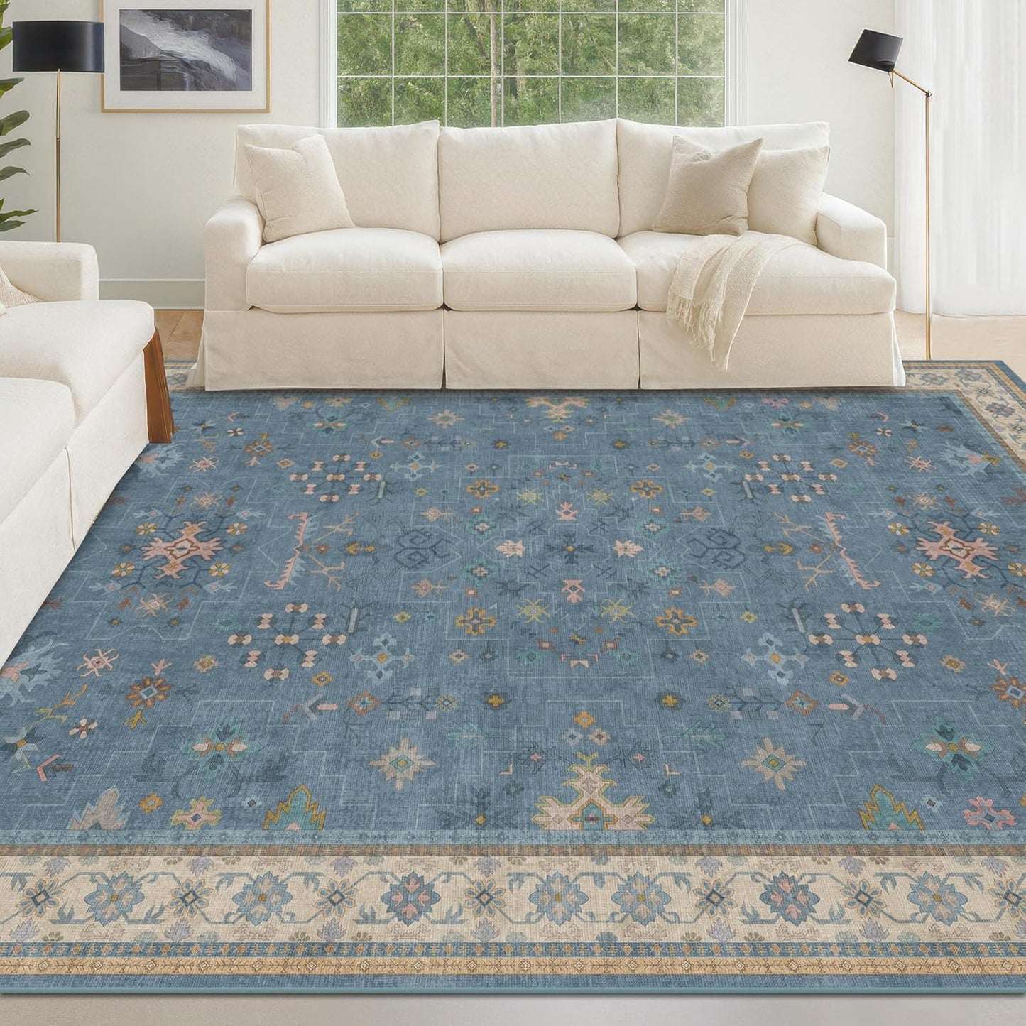 5x7 Rug for Living Room, Boho 5 x 7 Area Rugs Colorful Blue Modern Eclectic Low-Pile Carpet for Bedroom, Dining Table, Nursery, Washable Non-Slip with Rubber Back