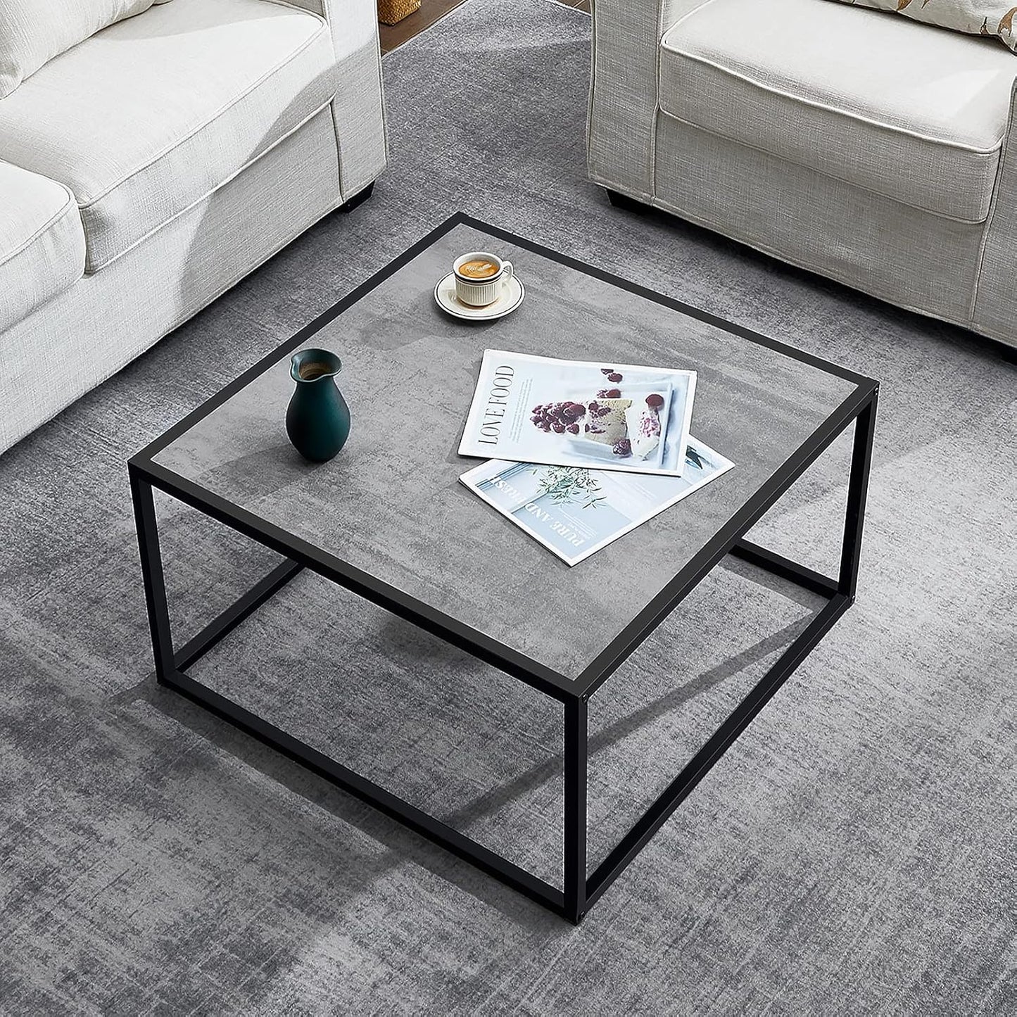 SAYGOER Small Coffee Table Square Modern Coffee Tables for Small Space Low Center Table for Living Room Office, Wood Top with Metal Frames, Easy Assembly, Gray Wood