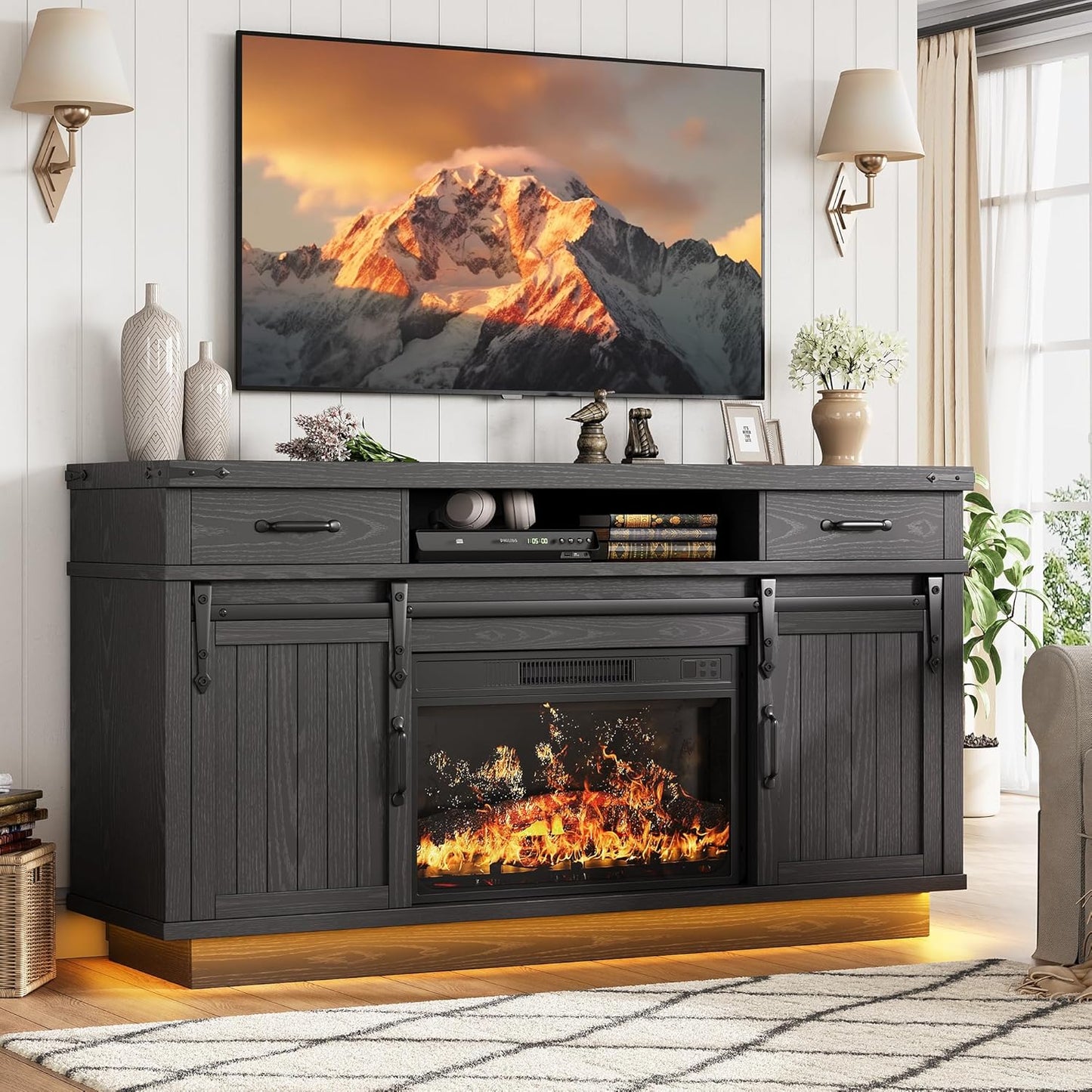 59'' Fireplace TV Stand with 3D Flame Electric Fireplace Heater, 34'' Tall Farmhouse TV Stand for 65 Inch TV, Entertainment Center TV Console with 2 Drawers, Sliding Barn Door for Living Room - Black