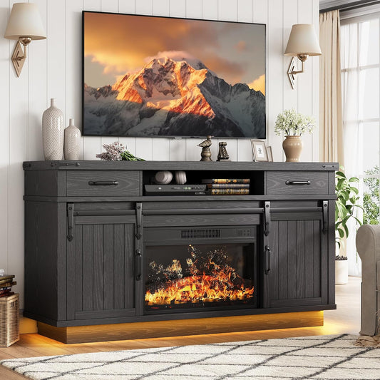 59'' Fireplace TV Stand with 3D Flame Electric Fireplace Heater, 34'' Tall Farmhouse TV Stand for 65 Inch TV, Entertainment Center TV Console with 2 Drawers, Sliding Barn Door for Living Room - Black