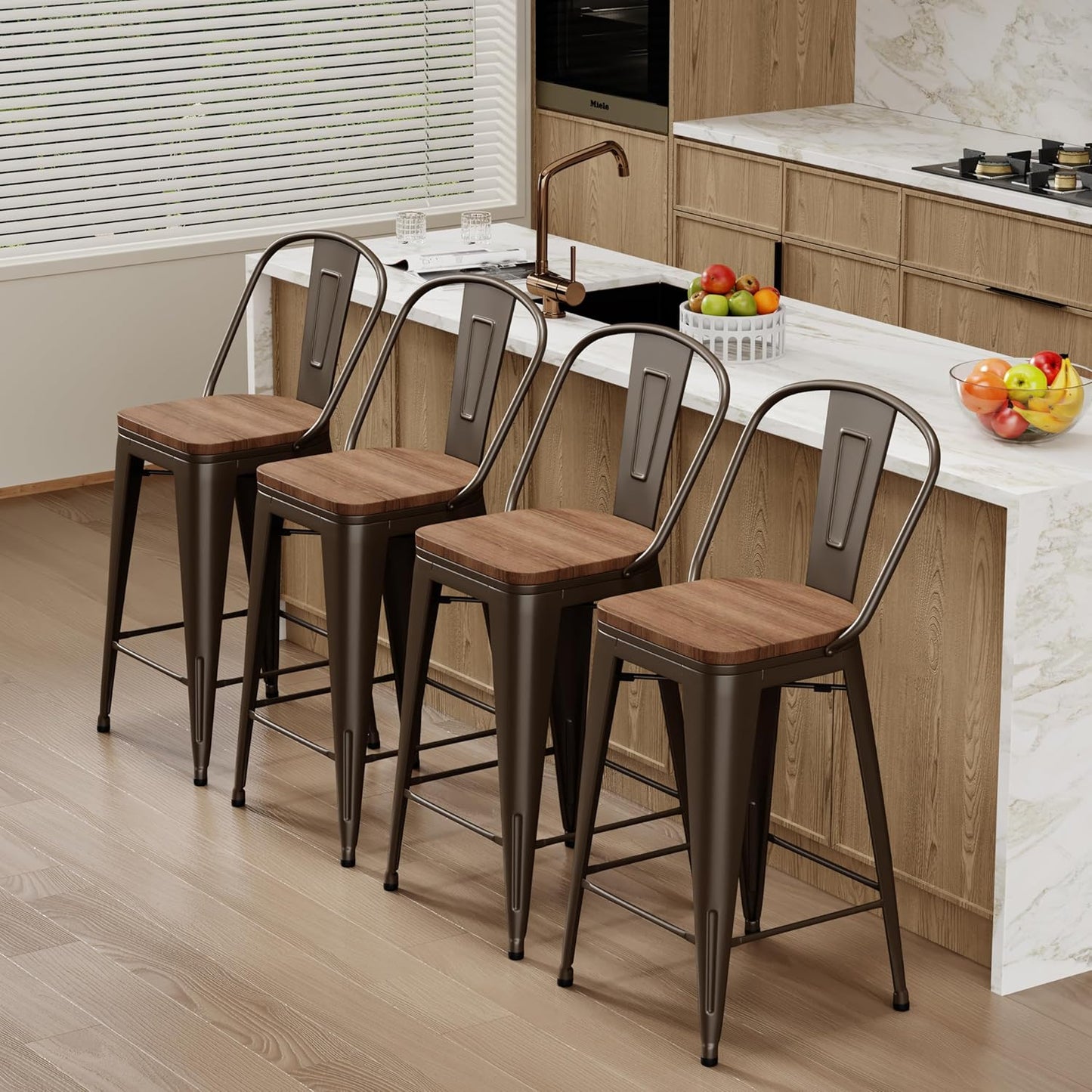 Changjie Furniture 24 Inches Metal Barstools Set of 4 Counter Height Bar Stools Industrial Stools with Backs High Back Chairs for Kitchen Island (24 Inch, Rusty)