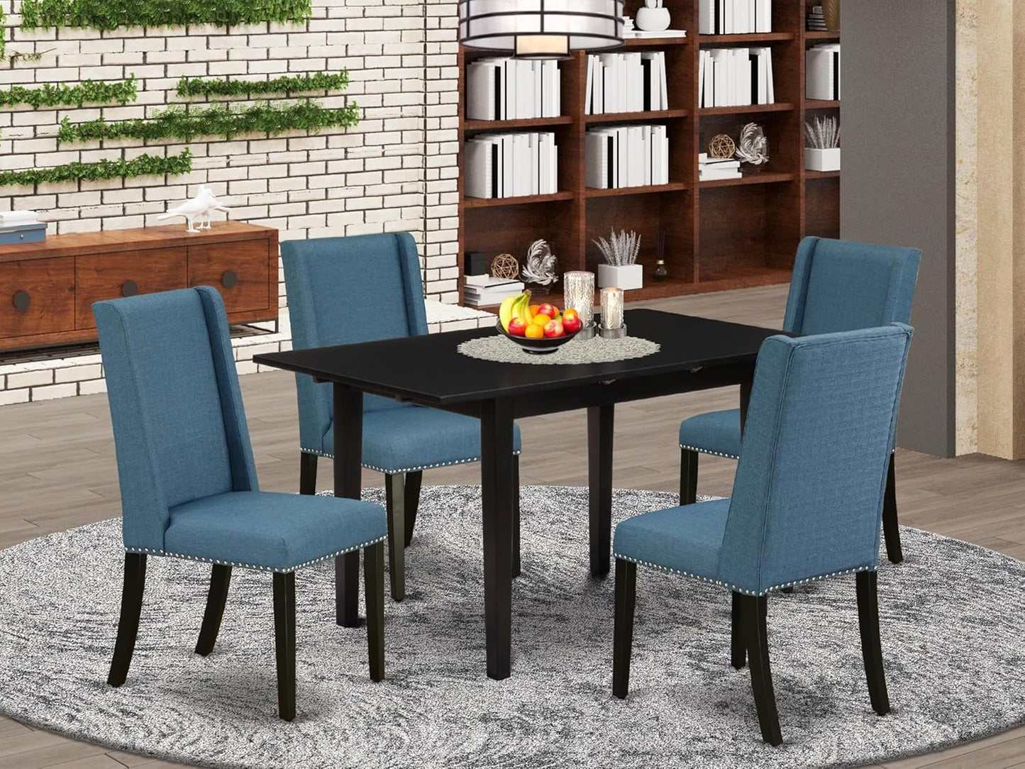East West Furniture NOFL5-BLK-21 5 Piece Dinette Set for 4 Includes a Rectangle Dining Room Table with Butterfly Leaf and 4 Blue Linen Fabric Upholstered Chairs, 32x54 Inch, Black