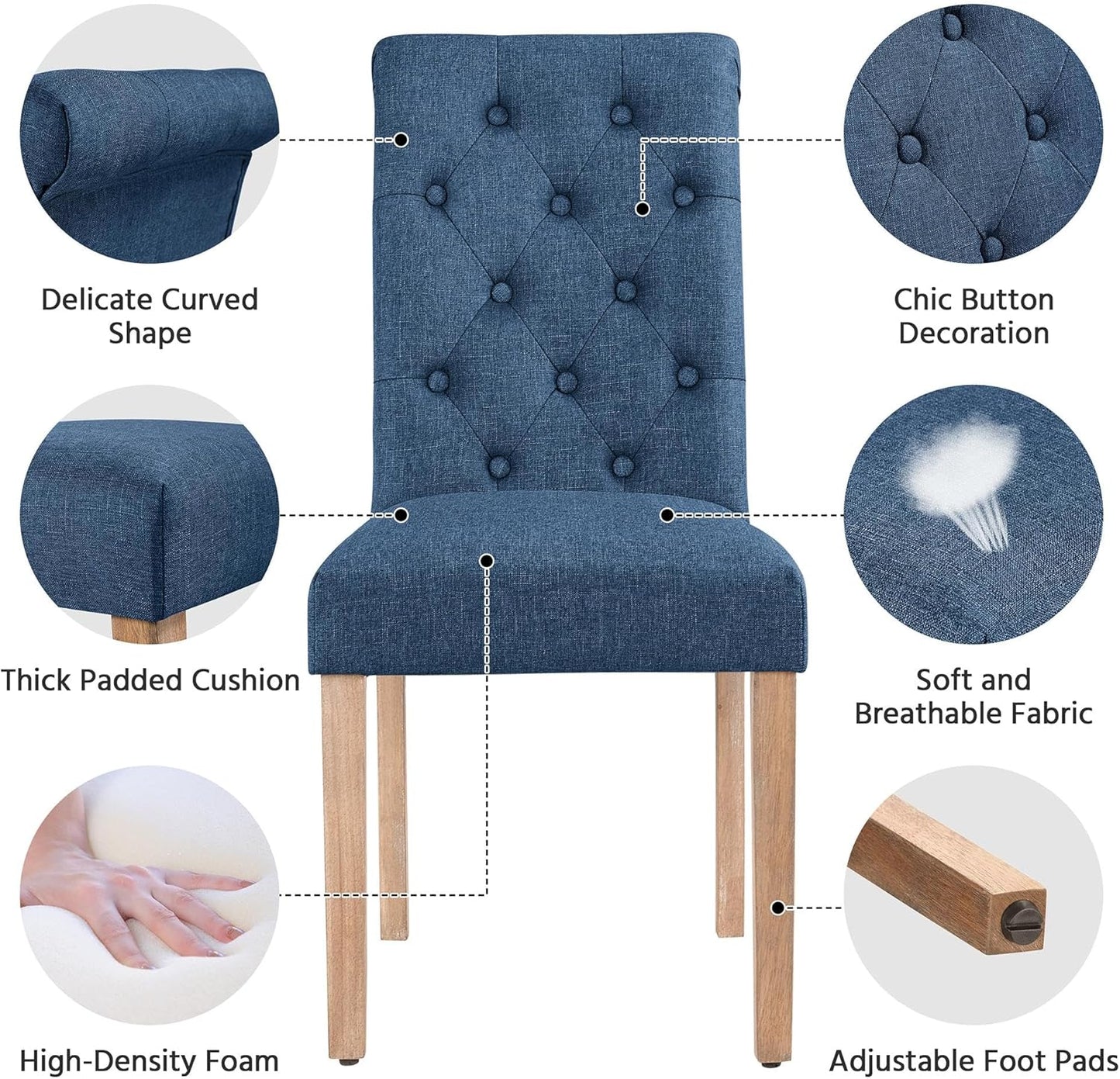 Yaheetech Dining Chairs Set of 6 Fabric Upholstered Dining Room Chairs with Button Tufted High Back and Solid Wood Legs for Kitchen/Living Room/Restaurant, Modern Style, Blue