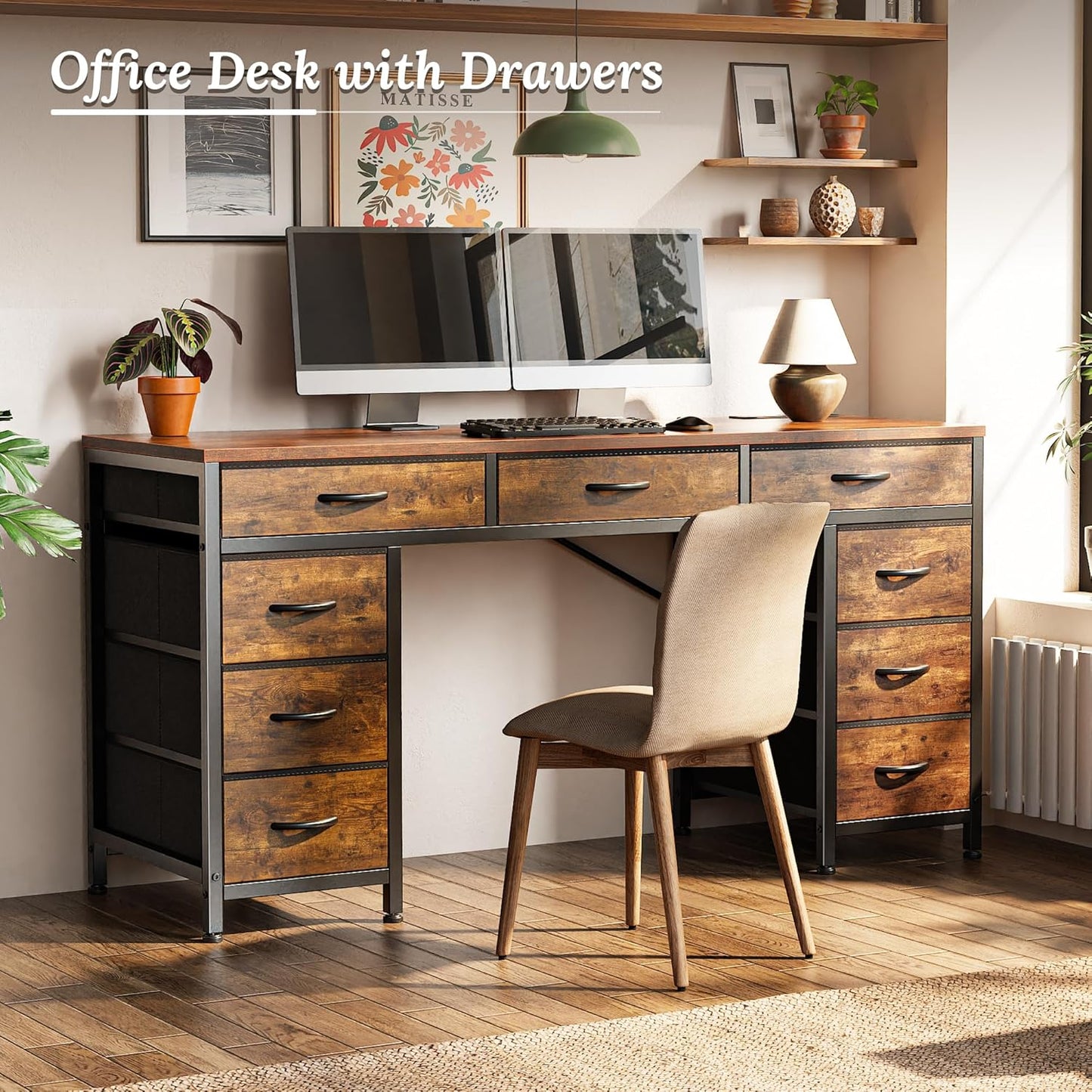 PRAISUN 54 Inch Office Desk with Outlets, Computer Desk with 9 Fabric Drawers, Writing Gaming Work Study Desk for Bedroom, Living Room, Home Office, Large Storage, Rustic Brown