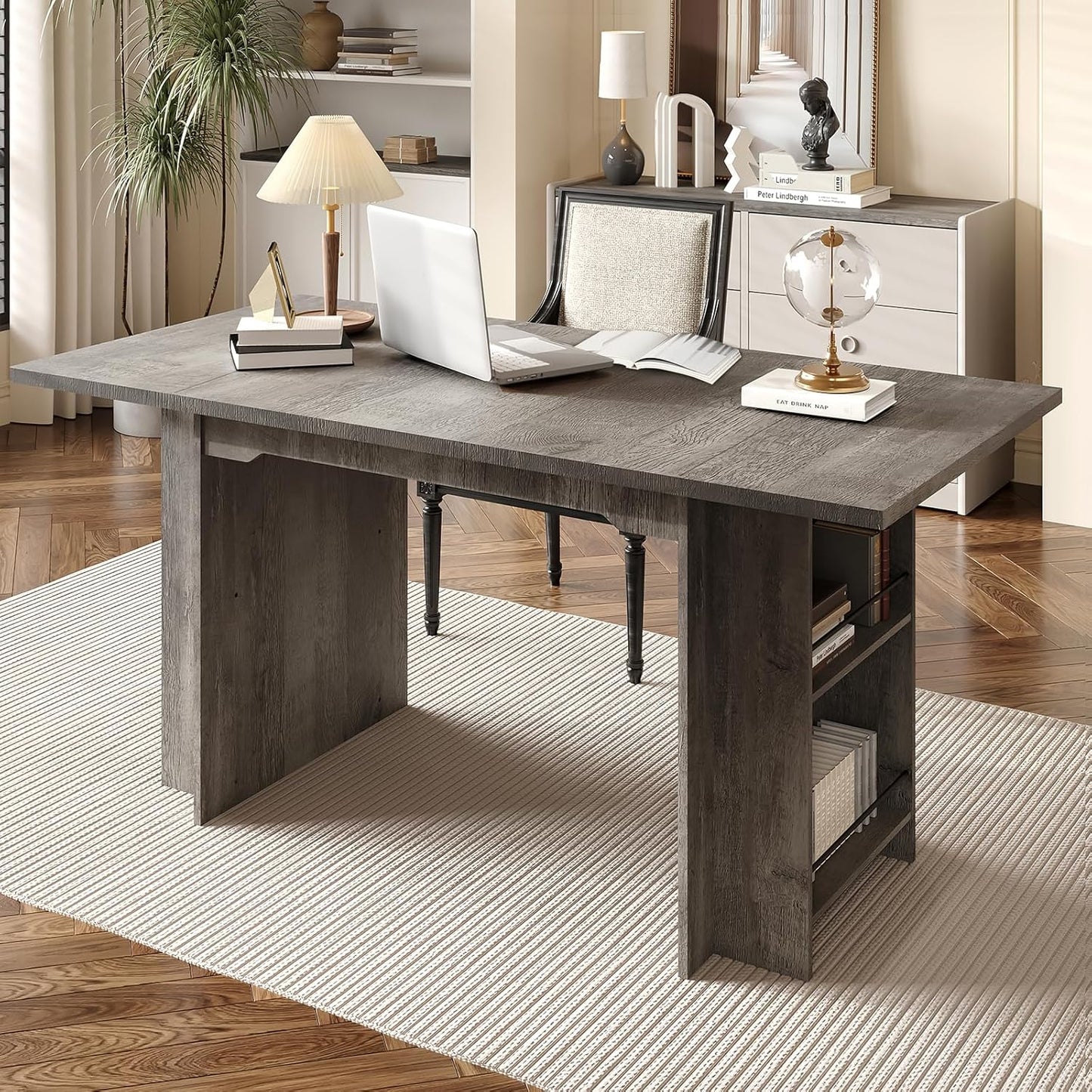 Garvee 63 Inch Dining Table for 2-4, Farmhouse Rectangular Kitchen Table with Waterproof Wood Tabletop, Heavy Duty Legs & 2-Tier Storage Shelves for Kitchen, Dining Room, Grey