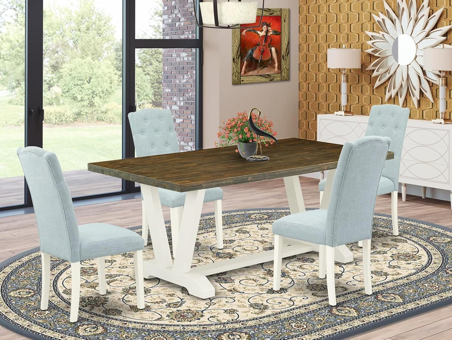 East West Furniture V077CE215-5 5 Piece Modern Dining Table Set Includes a Rectangle Wooden Table with V-Legs and 4 Baby Blue Linen Fabric Upholstered Chairs, 40x72 Inch, Multi-Color
