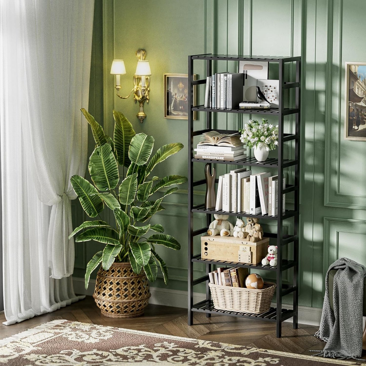 HITNET Bamboo Bookshelf, 6-Tier Tall Open Bookcase with Adjustable Shelves, Floor Standing Storage Shelf Unit for Living Room Bathroom Home Office, Black