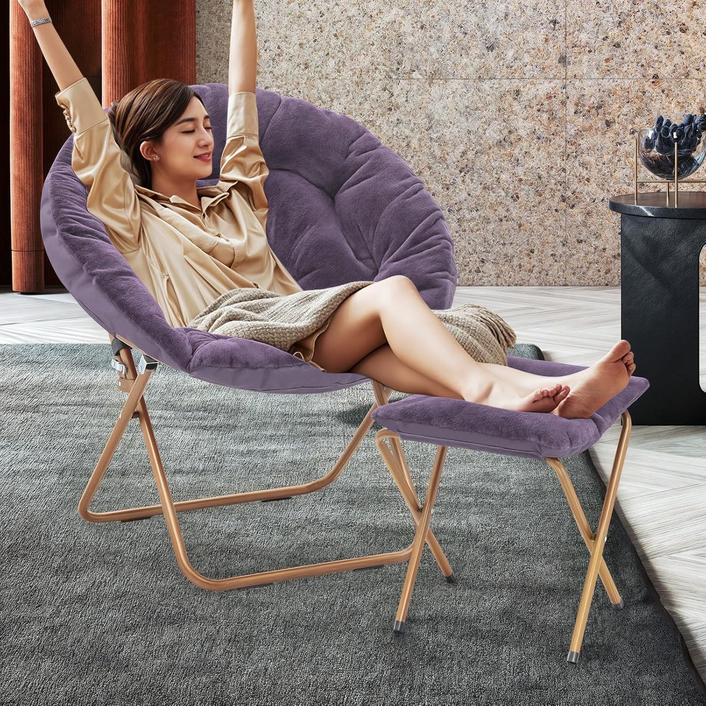 MoNiBloom Round Folding Faux Fur Saucer Chair for Bedroom Living Room Dorm Foldable Metal Frame Oversized Large Comfy Furry Padded Soft Cozy Moon Chair with Footrest Ottoman for Adults (Purple)