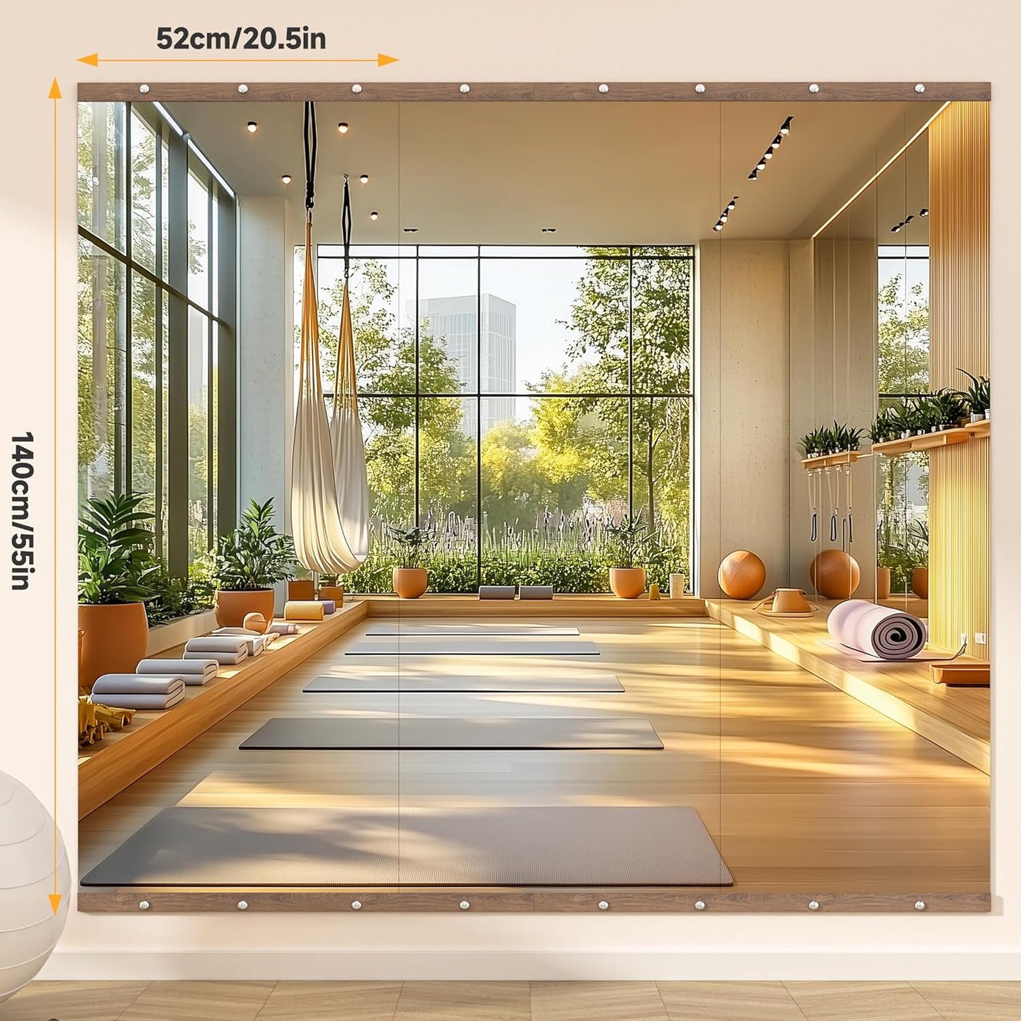 Hasipu 3Pcs 55''x20'' Home Gym Mirror Large Full Length Wall Mounted Full Body Mirror for Yoga Dance Fitness Exercise Studio Bedroom Garage, Frameless Tempered Glass Workout Mirrors Walnut Rectangular