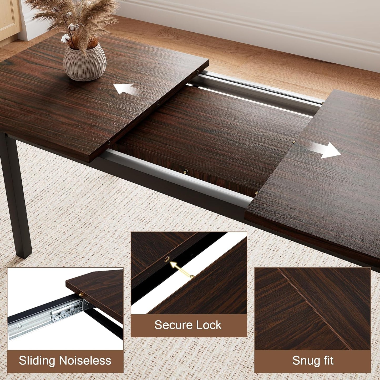 5 Pieces Dining Room Table Set for 4-6, 63' Extendable Kitchen Table Set with 2 Benches & 2 Stools, Small Dining Table Set with Metal Frame & MDF Board, Espresso