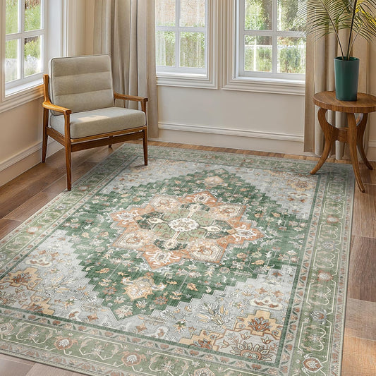 GENIMO 5x7 Area Rugs for Living Room, Machine Washable Non Slip Vintage Rugs, Low Pile Lightweight Chenille Print Rug for Bedroom, Dining Room, Home Office,Sage Green