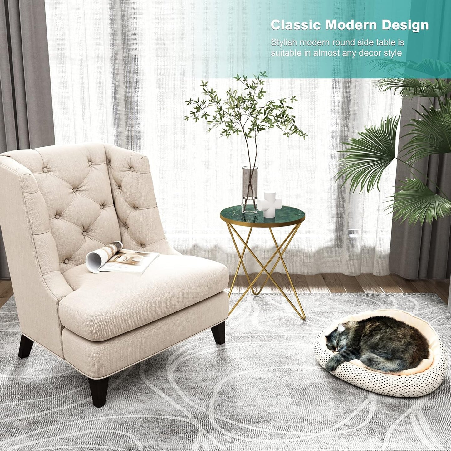 HLR Modern Round Side Table, End Table with Marble Effect Top and Gold Metal Frame, Small Side Table for Living Room, Bedroom, Sofa and Couch, Gold Legs, Green Marble top