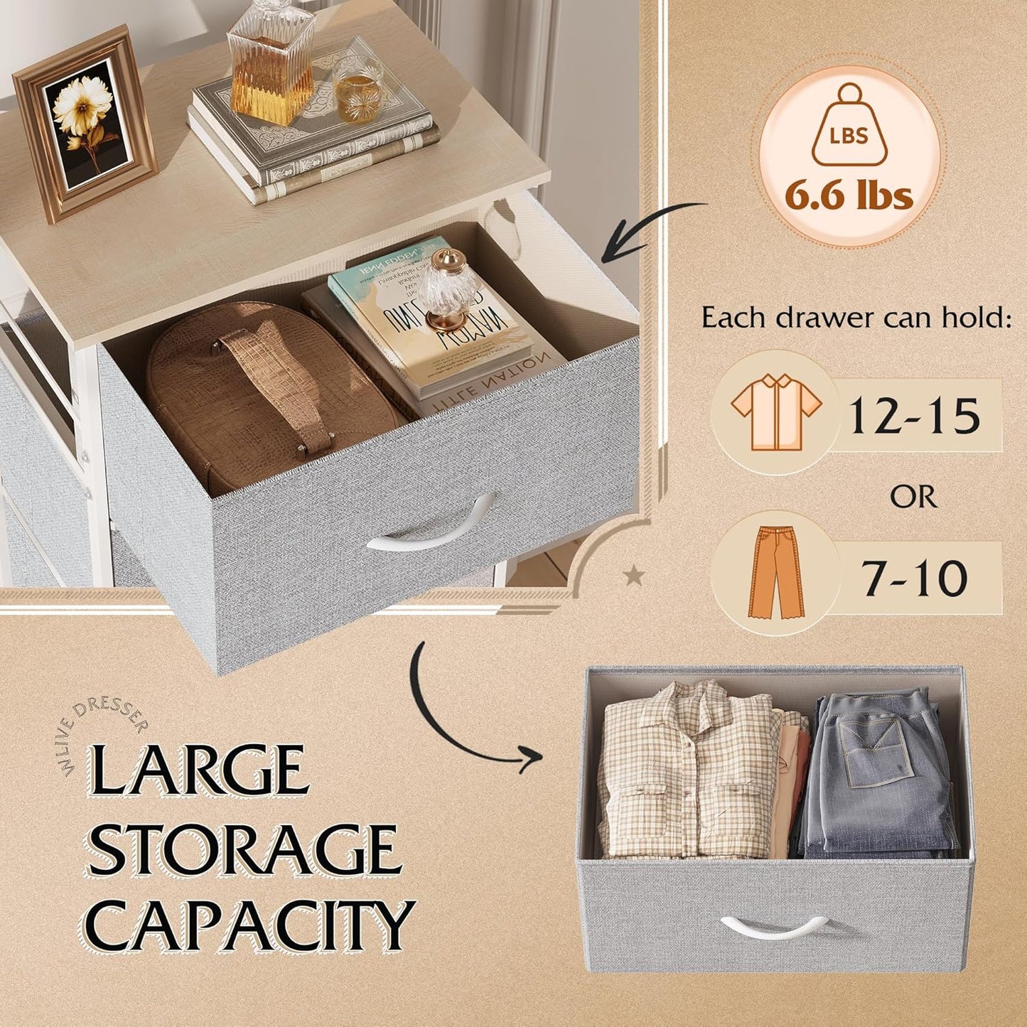 WLIVE 4 Drawers Dresser for Bedroom, Light Grey Fabric Clothes Storage Organizer Unit, Dresser for Hallway, Entryway, Closets, Sturdy Steel Frame, Wood Top