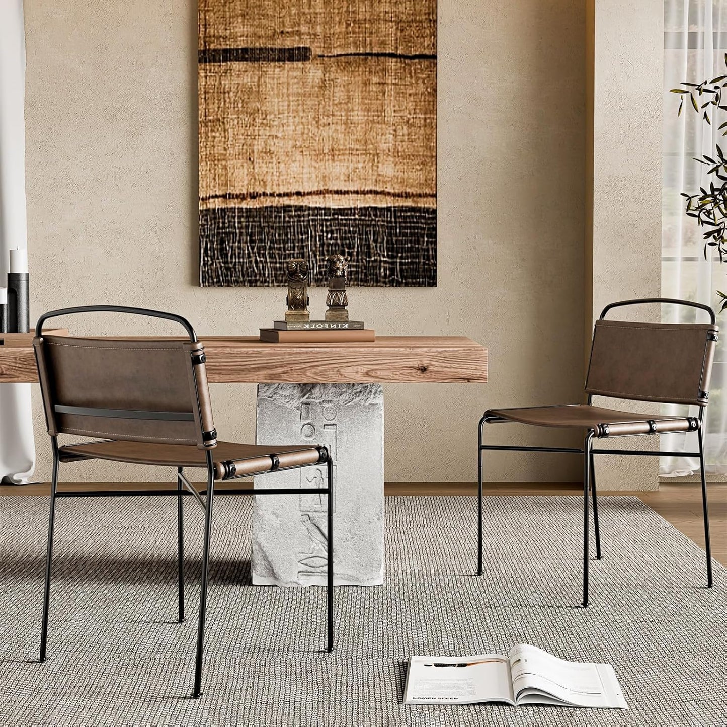 Mid-Century Modern Dining Chairs Set of 2, Brown PU Faux Leather Dining Chair Armless Dining Room Chairs with Black Metal Legs, High-End Stylish Kitchen Restaurant Dining Chairs