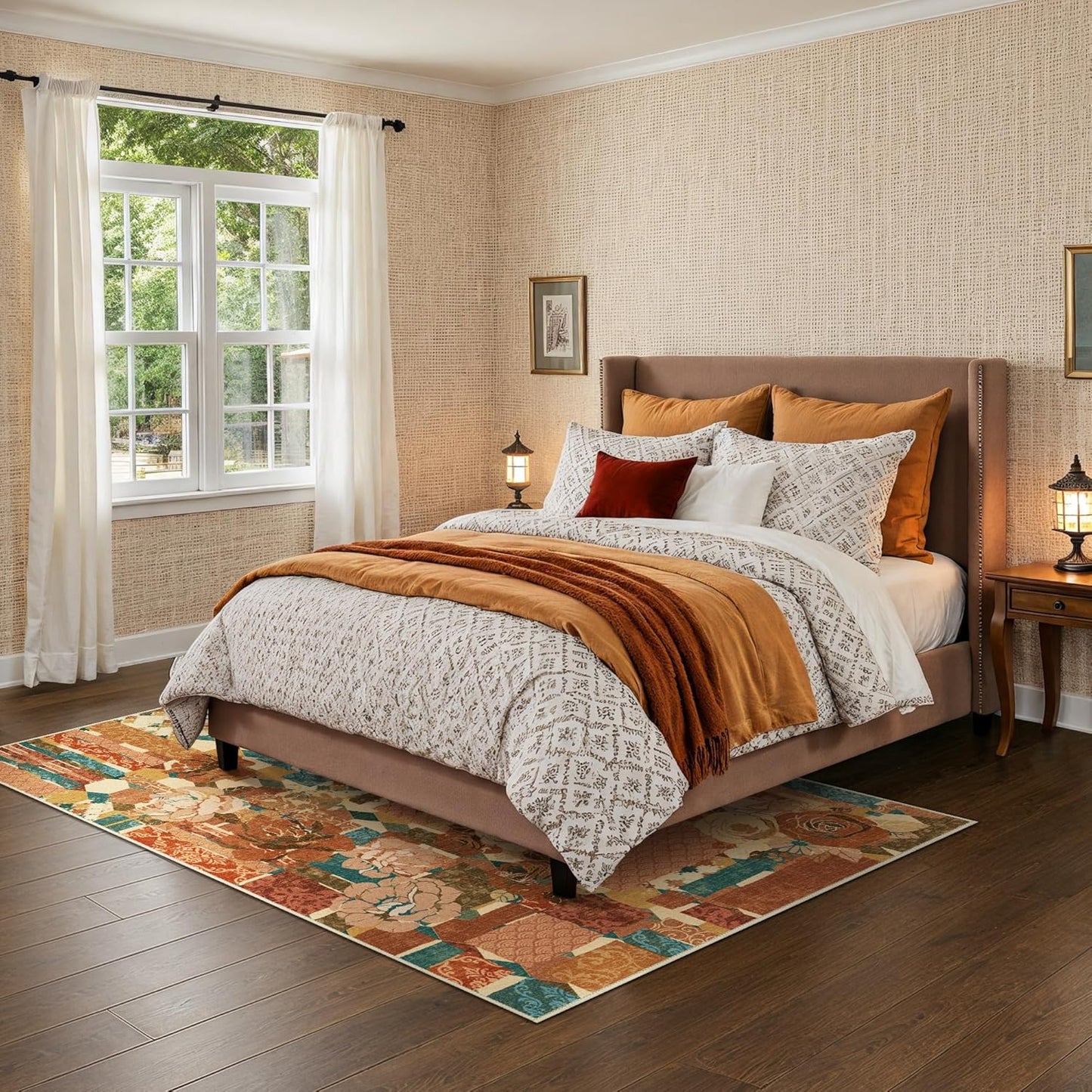 GENIMO 5X7 Floral Area Rugs for Living Room, Machine Washable Non Slip Vintage Patchwork Washable Rug, Ultra-Thin Low Pile Chenille Rugs for Bedroom, Dining Room, Rose Red