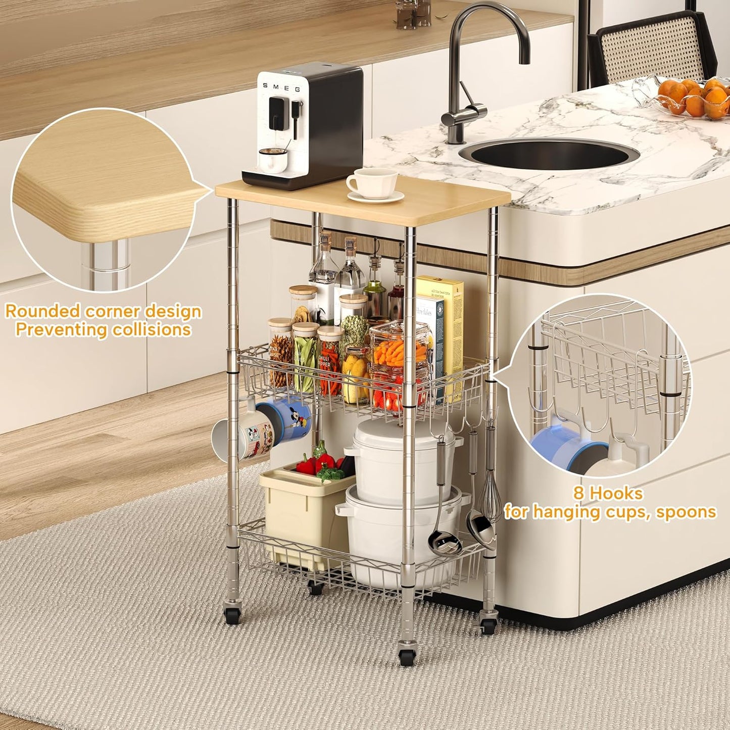 Rolling Kitchen Storage Cart, 3-Tier Storage Rack on Caster Wheels with Adjustable 2 Baskets, Coffee Station Cart Rack Shelf Organizer for Living Room Office, Balcony, Chrome/Silver