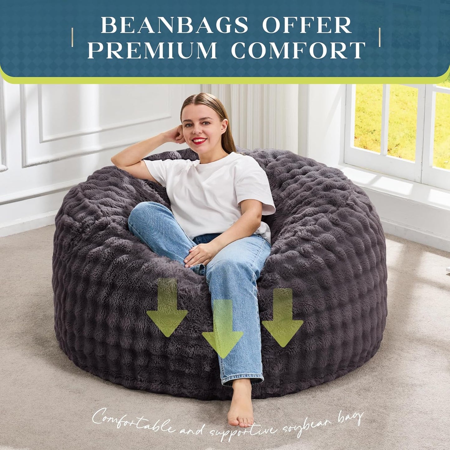 Hobestluk Bean Bag Chairs 3ft Beanbag Chair with Filler Adult Bean Bags with Fluffy & Machine Washable Cover, Giant Bean Bag Chairs for Adults (Dark Grey, 3FT-36" x 36" x 22")