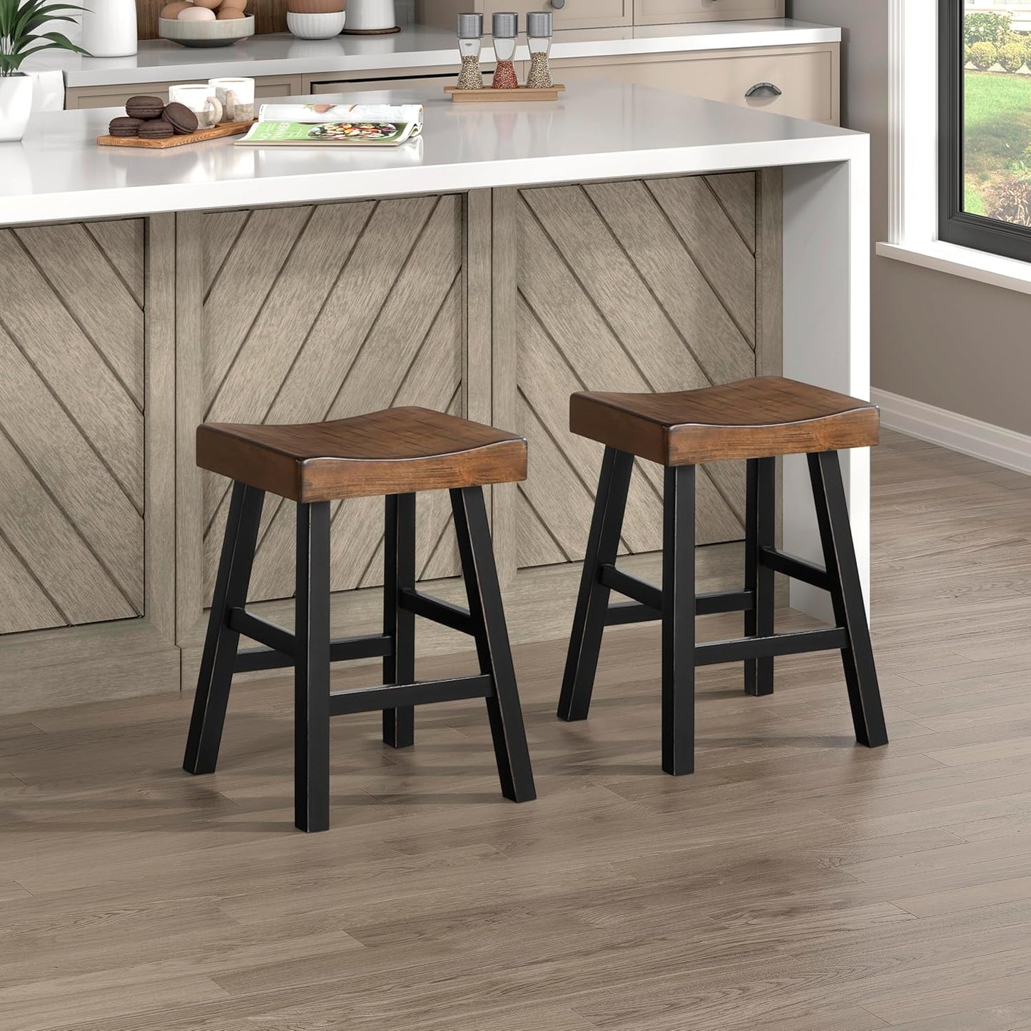 Lexicon Saddle Bar Stools Set of 2 Barstools with Footrest, Armless Dining Chairs for Kitchen Island, Breakfast Nook, Living Room, Counter Height, Black/Brown