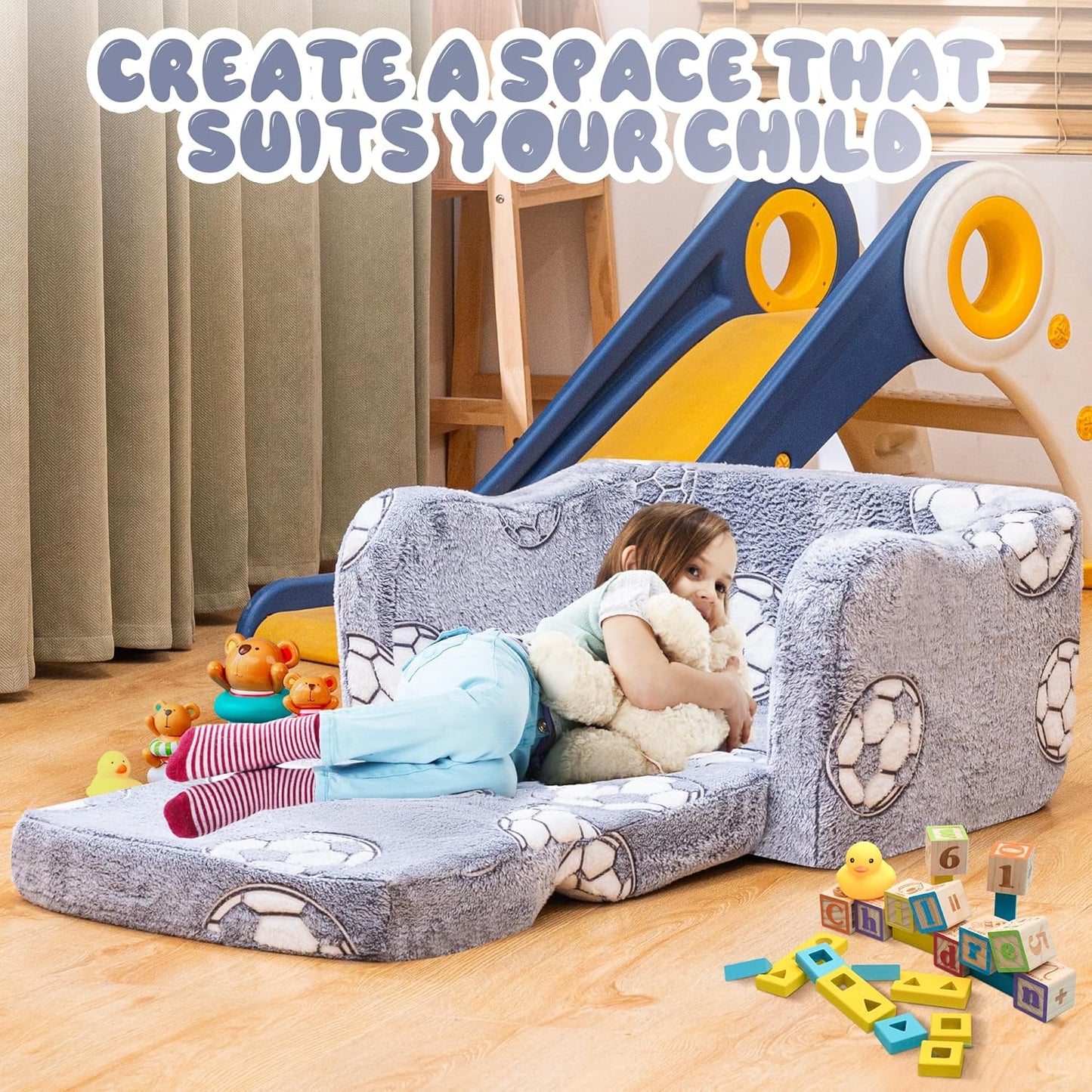 Lamerge 2-in-1 Toddler Couch,Glow in The Dark Baby Floor Bed,Foldable Toddler Chair Kids Sofa for playroom,Convertible Sofa to Lounger for Girls and Boys (Grey and Football)