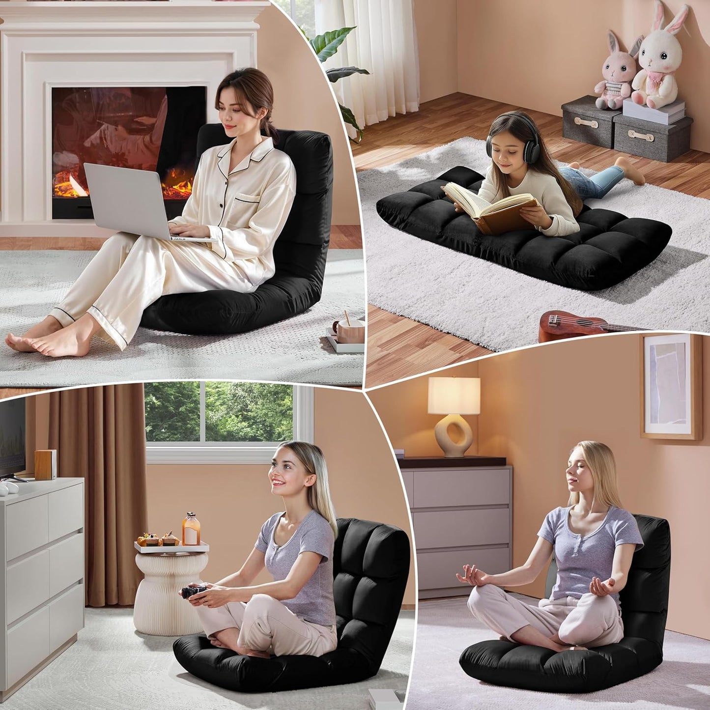 Yaheetech Floor Chair, Meditation Chair with Back Support Gaming Floor Lounger with 14 Adjustable Position for Adult, Black