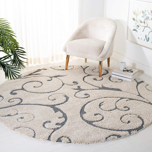SAFAVIEH Florida Shag Collection Area Rug - 5' Round, Beige & Blue Grey, Scroll Design, Non-Shedding & Easy Care, 1.2-inch Thick Ideal for High Traffic Areas in Living Room, Bedroom (SG455-1155)