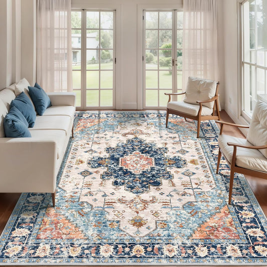 Tangsoo 8x10 Area Rug for Living Room, Washable Vintage Indoor Non Slip Large Area Rugs, Print Distressed Blue/Beige Carpet, Soft Low Pile Foldable Floor Rug for Bedroom Dining Room Dorm