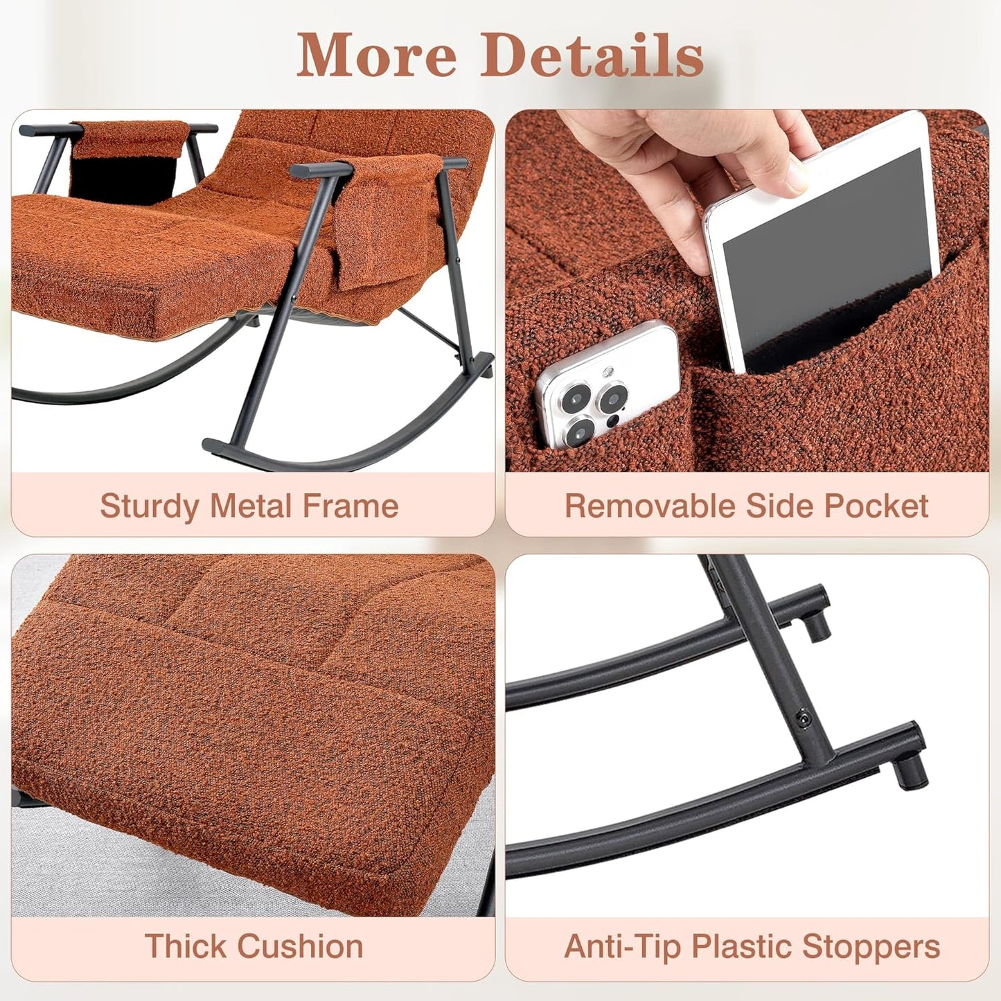 VECELO High Back Nursery Rocking Chair with Foot Rest, Teddy Upholstered Reclining Glider Rocker, Comfy Armchair Padded Seat Removable Side Pockets for Living Room, Bedroom, Balcony