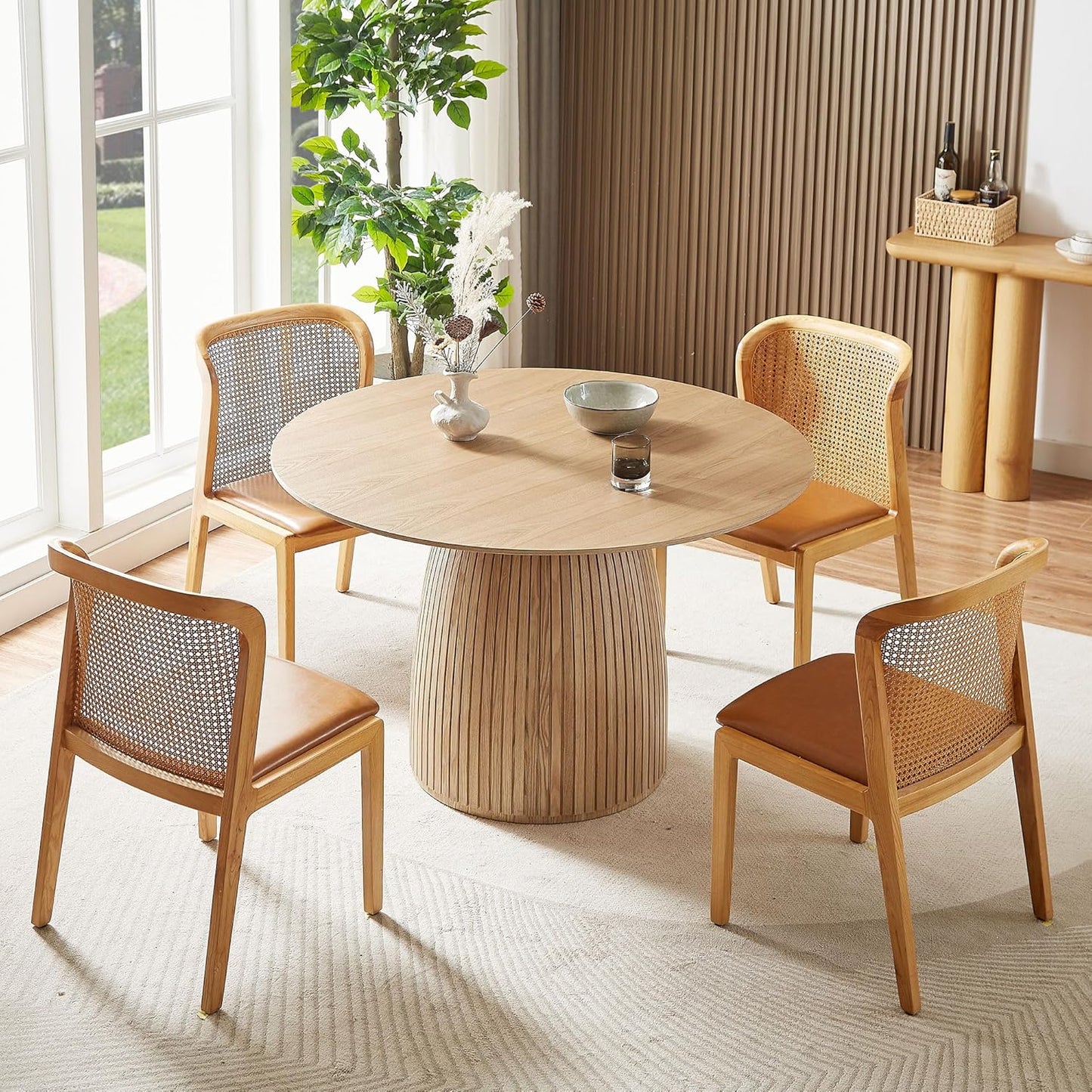 Mushroom-Shape Wooden Round Dining Table Modern Kitchen Dinner Furniture with Natural Wood Grain Variation Tabletop and Circular Leg for Diningroom/Living Space