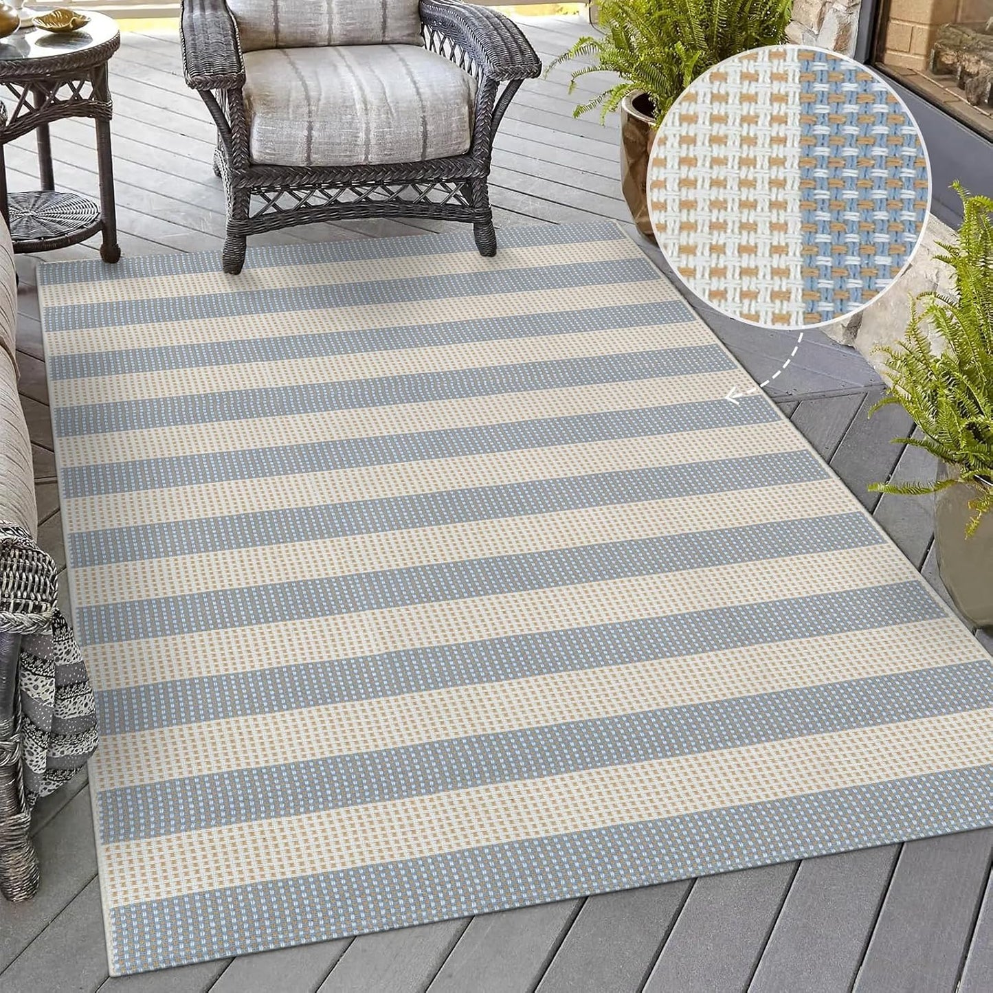 OJIA Washable Area Rugs 4'x6', Striped Outdoor Rug Cotton Woven Entryway Rugs Indoor Patio Rugs Carpet Large Area Rugs for Bedroom/Porch/Deck/Backyard/Camping/Living Room (Blue/White/Tan)